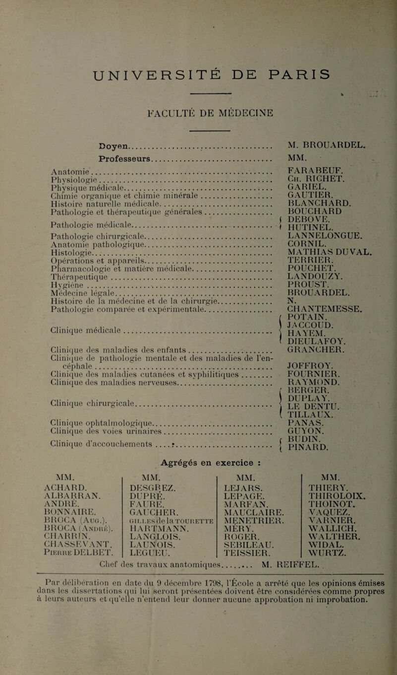UNIVERSITE DE PARIS FACULTÉ DE MÉDECINE Doyen M. B R OUA R DEL. Professeurs MM. Anatomie.. Physiologie. Physique médicale. Chimie organique et chimie minérale- Histoire naturelle médicale.. Pathologie et thérapeutique générales Pathologie médicale. Pathologie chirurgicale. Anatomie pathologique. Histologie......... Opérations et appareils. Pharmacologie et matière médicale. Thérapeutique. Hygiène. Médecine légale. Histoire de la médecine et de la chirurgie Pathologie comparée et expérimentale..., Clinique médicale. Clinique des maladies des enfants. Clinique de pathologie mentale et des maladies de l’en¬ céphale . Clinique des maladies cutanées et syphilitiques. Clinique des maladies nerveuses_1. Clinique chirurgicale. Clinique ophtalmologique... Clinique des voies urinaires Clinique d’accouchements .. FARABEUF. Ch. RICHET. GARIEL. GAUTIER. BLANCHARD. BOUCHARD j DEBOVE. 1 HUTINEL. LANNELONGUE. CORNIL. MATHIAS DUVAL. TERRIER. POUCHET. LANDOUZY. PROUST. BROUARDEL. N. CHANTEMESSE. ( POT A IN. ) JACCOUD. ) HAYEM. ' DIEULAFOY. GRANCHER. JOFFROY. FOURNIER. RAYMOND. ! BERGER. ) DUPLAY. i LE DENTU. [ TILLAUX. PANAS. GUYON. c BUDIN. PINARD. Agrégés en exercice : MM. MM. MM. ACHARD. DESGBEZ. LEJARS. ALBARRAN. DUPRÉ. LEPAGE. ANDRÉ. FAURE. MA RF AN. BONNAIRE. GAUCHER. MAUCLAIRE. BROCA (Aug.). GILLES delà TOURETTE MENETRIER. BROCA ( Andké). HARTMANN. MER Y. CHARRÏN. LANGLOIS. ROGER. CHASSEVANT. LAUNOIS. SEBILEAU. Pierre DELBET. LEGUEU. TEISSIER. MM. THIERY. THIROLOIX. THOINOT. VAQUEZ. VARNIER. WALLICH. WALTHER. WIDAL. WURTZ. Chef des travaux anatomiques.. M. REIFFEL. Par délibération en date du 9 décembre 1798, l’École a arrêté que les opinions émises dans les dissertations qui lui seront présentées doivent être considérées comme propres à leurs auteurs et qu’elle n’entend leur donner aucune approbation ni improbation.