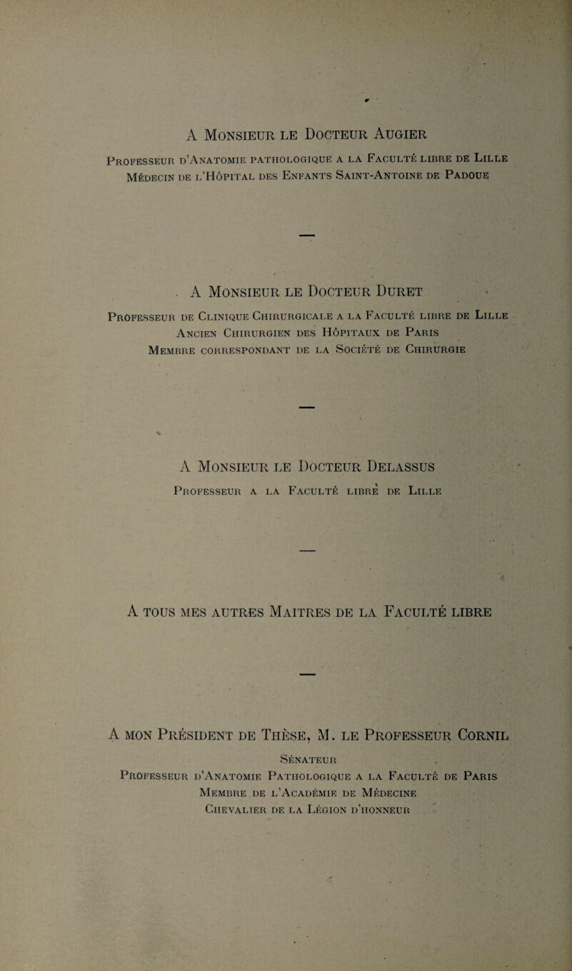 A Monsieur le Docteur Augier Professeur d’Anatomie pathologique a la Faculté libre de Lille Médecin de l’Hôpital des Enfants Saint-Antoine de Padoue . A Monsieur le Docteur Duret Professeur de Clinique Chirurgicale a la Faculté libr.e de Lille Ancien Chirurgien des Hôpitaux de Paris Membre correspondant de la Société de Chirurgie % A Monsieur le Docteur Delassus Professeur a la Faculté libre de Lille A TOUS MES AUTRES MAITRES DE LA FACULTÉ LIBRE A mon Président de Thèse, M. le Professeur Cornil Sénateur Professeur d’Anatomie Pathologique a la Faculté de Paris Membre de l’Académie de Médecine Chevalier de la Légion d’honneur