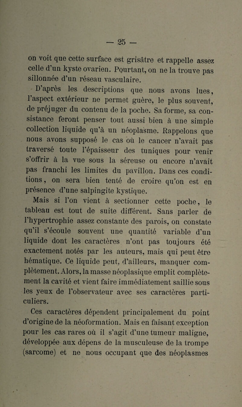 on voit que cette surface est grisâtre et rappelle assez celle d un kyste ovarien. Pourtant, on ne la trouve pas sillonnée d’un réseau vasculaire. D’après les descriptions que nous avons lues, 1 aspect extérieur ne permet guère, le plus souvent, de préjuger du contenu de la poche. Sa forme, sa con¬ sistance feront penser tout aussi bien à une simple collection liquide qu’à un néoplasme. Rappelons que nous avons supposé le cas où le cancer n’avait pas traversé toute l’épaisseur des tuniques pour venir s offrir à la vue sous la séreuse ou encore n’avait pas franchi les limites du pavillon. Dans ces condi¬ tions , on sera bien tenté de croire qu’on est en présence d’une salpingite kystique. Mais si l’on vient à sectionner cette poche, le tableau est tout de suite différent. Sans parler de l’hypertrophie assez constante des parois, on constate qu’il s’écoule souvent une quantité variable d’un liquide dont les caractères n’ont pas toujours été exactement notés par les auteurs, mais qui peut être hématique. Ce liquide peut, d’ailleurs, manquer com¬ plètement. Alors, la masse néoplasique emplit complète¬ ment la cavité et vient faire immédiatement saillie sous les yeux de l’observateur avec ses caractères parti¬ culiers. Ces caractères dépendent principalement du point d’origine de la néoformation. Mais en faisant exception pour les cas rares où il s’agit d’une tumeur maligne, développée aux dépens de la musculeuse de la trompe (sarcome) et ne nous occupant que des néoplasmes