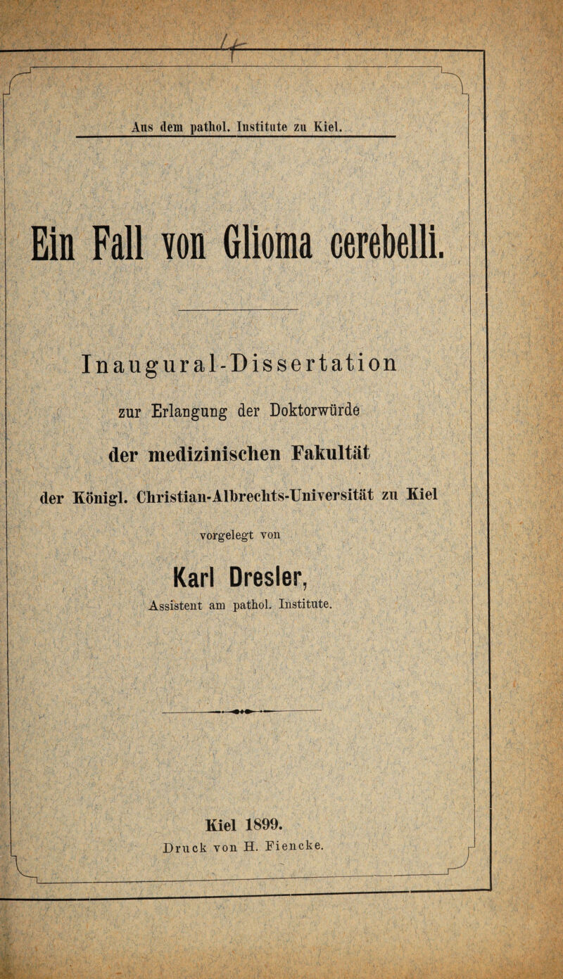 Ein Fall von Glioma cereklli. In aug ural-Dissertation zur Erlangung der Doktorwürde der medizinischen Fakultät der Königl. Christian-Albrechts-XJniversität zu Kiel vorgelegt von Karl Dresler, Assistent am pathol. Institute. Kiel 1899. Druck von H. Fiencke.