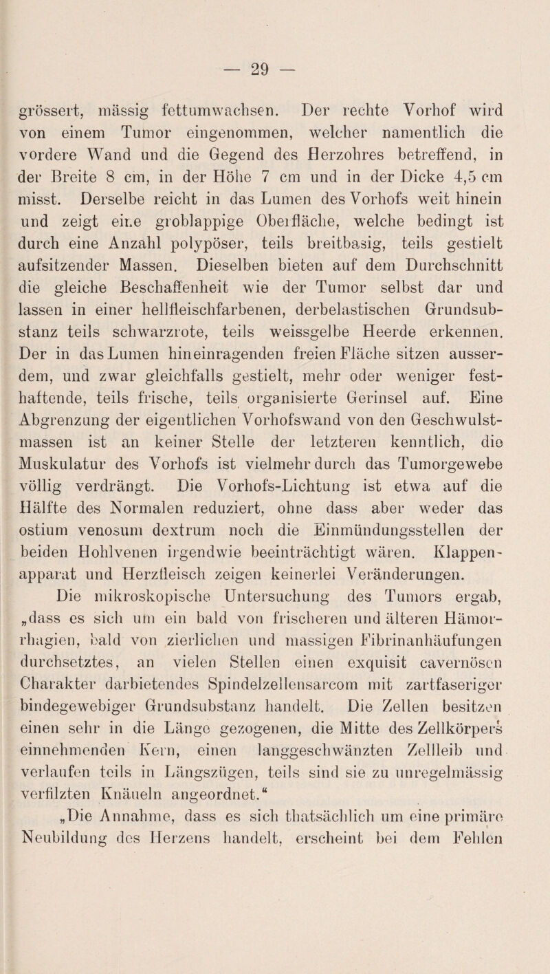 grössert, massig fettumwachsen. Der rechte Vorhof wird von einem Tumor eingenommen, welcher namentlich die vordere Wand und die Gegend des Herzohres betreffend, in der Breite 8 cm, in der Höhe 7 cm und in der Dicke 4,5 cm misst. Derselbe reicht in das Lumen des Vorhofs weithinein und zeigt eine groblappige Oberfläche, welche bedingt ist durch eine Anzahl polypöser, teils breitbasig, teils gestielt aufsitzender Massen. Dieselben bieten auf dem Durchschnitt die gleiche Beschaffenheit wde der Tumor selbst dar und lassen in einer hellfleischfarbenen, derbelastischen Grundsub¬ stanz teils schwarzrote, teils wreissgelbe Heerde erkennen. Der in das Lumen hineinragenden freien Fläche sitzen ausser¬ dem, und zwar gleichfalls gestielt, mehr oder weniger fest¬ haftende, teils frische, teils organisierte Gerinsel auf. Eine Abgrenzung der eigentlichen Vorhofswand von den Geschwulst¬ massen ist an keiner Stelle der letzteren kenntlich, die Muskulatur des Vorhofs ist vielmehr durch das Tumorgewebe völlig verdrängt. Die Vorhofs-Lichtung ist etwa auf die Hälfte des Normalen reduziert, ohne dass aber weder das ostium venosum dextrum noch die Einmündungsstellen der beiden Hohlvenen irgendwie beeinträchtigt wären. Klappen- apparat und Herzfleisch zeigen keinerlei Veränderungen. Die mikroskopische Untersuchung des Tumors ergab, „dass es sich um ein bald von frischeren und älteren Hämor- rhagien, bald von zierlichen und massigen Fibrinanhäufungen durchsetztes, an vielen Stellen einen exquisit cavernösen Charakter darbietendes Spindelzellensarcom mit zartfaseriger bindegewebiger Grundsubstanz handelt. Die Zellen besitzen einen sehr in die Länge gezogenen, die Mitte des Zellkörpers einnehmenden Kern, einen langgeschwänzten Zellleib und verlaufen teils in Längszügen, teils sind sie zu unregelmässig verfilzten Knäueln angeordnet.“ „Die Annahme, dass es sich thatsäcldich um eine primäre Neubildung des Herzens handelt, erscheint bei dem Fehlen