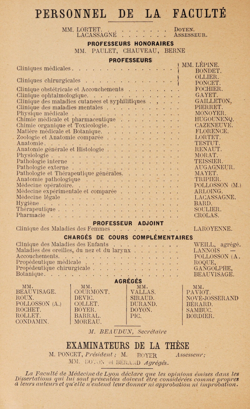 PERSONNEL DE LA FACULTÉ MM. LORTET. . . LAGASSAGNE Doyen. Assesseur. PROFESSEURS HONORAIRES MM. PAULET, CHAUVEAU, BERNE PROFESSEURS Cliniques médicales. Cliniques chirurgicales .. Clinique obstétricale et Accouchements .... Clinique ophtalmologique. Clinique des maladies cutanées et syphilitiques . , Clinique des maladies mentales. Physique médicale. Chimie médicale et pharmaceutique. Chimie organique et Toxicologie. Matière médicale et Botanique. Zoologie et Anatomie comparée. Anatomie. Anatomie générale et Histologie. Physiologie.. . Pathologie interne. Pathologie externe. Pathologie et Thérapeutique générales. Anatomie pathologique. Médecine opératoire. Médecine expérimentale et comparée. Médecine légale. Hygiène. Thérapeutique. Pharmacie. MM. LÉP1NE. BONDET. OLLIER. PONCET. FOCHIER. GAYET. GAILLETON. PIERRET. MONOYER. HUGOUNENQ. CAZENEUVE. FLORENCE. LORTET. TESTUT. RENAUT. MORAT. TEISSIER. AUGAGNEUR. MAYET. TRIPIER. POLLOSSON (M.) ARLOING. LAGASSAGNE. BARD. SOULIER. CROLAS. PROFESSEUR ADJOINT Clinique des Maladies des Femmes .. LAROYENNE. CHARGÉS DE COURS COMPLÉMENTAIRES Clinique des Maladies des Enfants . . . Maladies des oreilles, du nez et du larynx Accouchements. Propédeutique médicale. Propédeutique chirurgicale. Botanique.. AGRÉGÉS MM. MM. MM. BEAUVISAGE. COURMONT. VALLAS. ROUX. DE VIC. SIRAUD. POLLOSSON (A.) COLLET. DURAND. ROCHET. BOYER. DOYON. ROLLET. BARRAL. PIC. GOND AMIN. MOREAU. WEILL, agrégé. LANNOIS — POLLOSSON (A, ROQUE, GANGOLPHE, BEAUVISAGE. MM. PAVIOT. NOVÉ-JOSSERAND BÉRARD. SAMBUC. BORDIER. M. BEAUDUN, Secrétaire EXAMINATEURS DE LA THÈSE M. PONCET, Président ; M. ROYER Assesseur; MM. LO, ON et BERAUD Agrégés. La Faculté de Médecine de Lyon déclare que les opinions émises dans les Dissertations qui lui sont- présentées doivent être considérées comme propres à leurs auteurs et qu'elle n’entend leur donner ni approbation ni improbation.