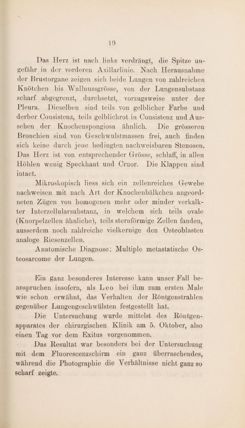 Das Herz ist nach links verdrängt, die Spitze un¬ gefähr in der vorderen Axillarlinie. Nach Herausnahme der Brustorgane zeigen sich beide Lungen von zahlreichen Knötchen bis Wallnussgrösse, von der Lungensubstanz scharf abgegrenzt, durchsetzt, vorzugsweise unter der Pleura. Dieselben sind teils von gelblicher Farbe und derber Consistenz, teils gelblichrot in Consistenz und Aus¬ sehen der Knochenspongiosa ähnlich. Die grösseren Bronchien sind von Geschwulstmassen frei, auch finden sich keine durch jene bedingten nachweisbaren Stenosen. Das Herz ist von entsprechender Grösse, schlaff, in allen Höhlen wenig Speckhaut und Craor. Die Klappen sind intact. Mikroskopisch Hess sich ein zellenreiches Gewebe nachweisen mit nach Art der Knochenbälkchen angeord¬ neten Zügen von homogenen mehr oder minder verkalk¬ ter Interzellularsubstanz, in welchem sich teils ovale (Knorpelzellen ähnliche), teils sternförmige Zellen fanden, ausserdem noch zahlreiche vielkernige den Osteoblasten analoge Riesenzellen. Anatomische Diagnose: Multiple metastatische Os- teosarcome der Lungen. Ein ganz besonderes Interesse kann unser Fall be¬ anspruchen insofern, als Leo bei ihm zum ersten Male wie schon erwähnt, das Verhalten der Röntgenstrahlen gegenüber Lungengeschwülsten festgestellt hat. Die Untersuchung wurde mittelst des Röntgen- apparates der chirurgischen Klinik am 5. Oktober, also einen Tag vor dem Exitus vorgenommen. Das Resultat war besonders bei der Untersuchung mit dem Fluorescenzschirm ein ganz überraschendes, während die Photographie die Verhältnisse nicht ganz so scharf zeigte.