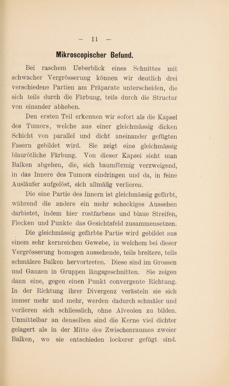 Mikroscopischer Befund. Bei raschem .Ueberblick eines Schnittes mit schwacher Yergrösserung können wir deutlich drei verschiedene Partien am Präparate unterscheiden, die sich teils durch die Färbung, teils durch die Structur von einander abheben. Ben ersten Teil erkennen wir sofort als die Kapsel des Tumors, welche aus einer gleichmässig dicken Schicht von parallel und dicht aneinander gefügten Fasern gebildet wird. Sie zeigt eine gleichmässig blaurötliche Färbung. Von dieser Kapsel sieht man Balken abgehen, die, sich baumförmig verzweigend, in das Innere des Tumors eindringen und da, in feine Ausläufer aufgelöst, sich allmälig verlieren. Die eine Partie des Innern ist gleichmässig gefärbt, während die andere ein mehr scheckiges Aussehen darbietet, indem hier rostfarbene und blaue Streifen, Flecken und Punkte das Gesichtsfeld zusammensetzen. Die gleichmässig gefärbte Partie wird gebildet aus einem sehr kernreichen Gewebe, in welchem bei dieser Yergrösserung homogen aussehende, teils breitere, teils schmälere Balken hervortreten. Diese sind im Grossen und Ganzen in Gruppen längsgeschnitten. Sie zeigen dann eine, gegen einen Punkt convergente Dichtung. In der Dichtung ihrer Divergenz verästeln sie sich immer mehr und mehr, werden dadurch schmäler und verlieren sich schliesslich, ohne Alveolen zu bilden. Unmittelbar an denselben sind die Kerne viel dichter gelagert als in der Mitte des Zwischenraumes zweier Balken, wo sie entschieden lockerer gefügt sind.
