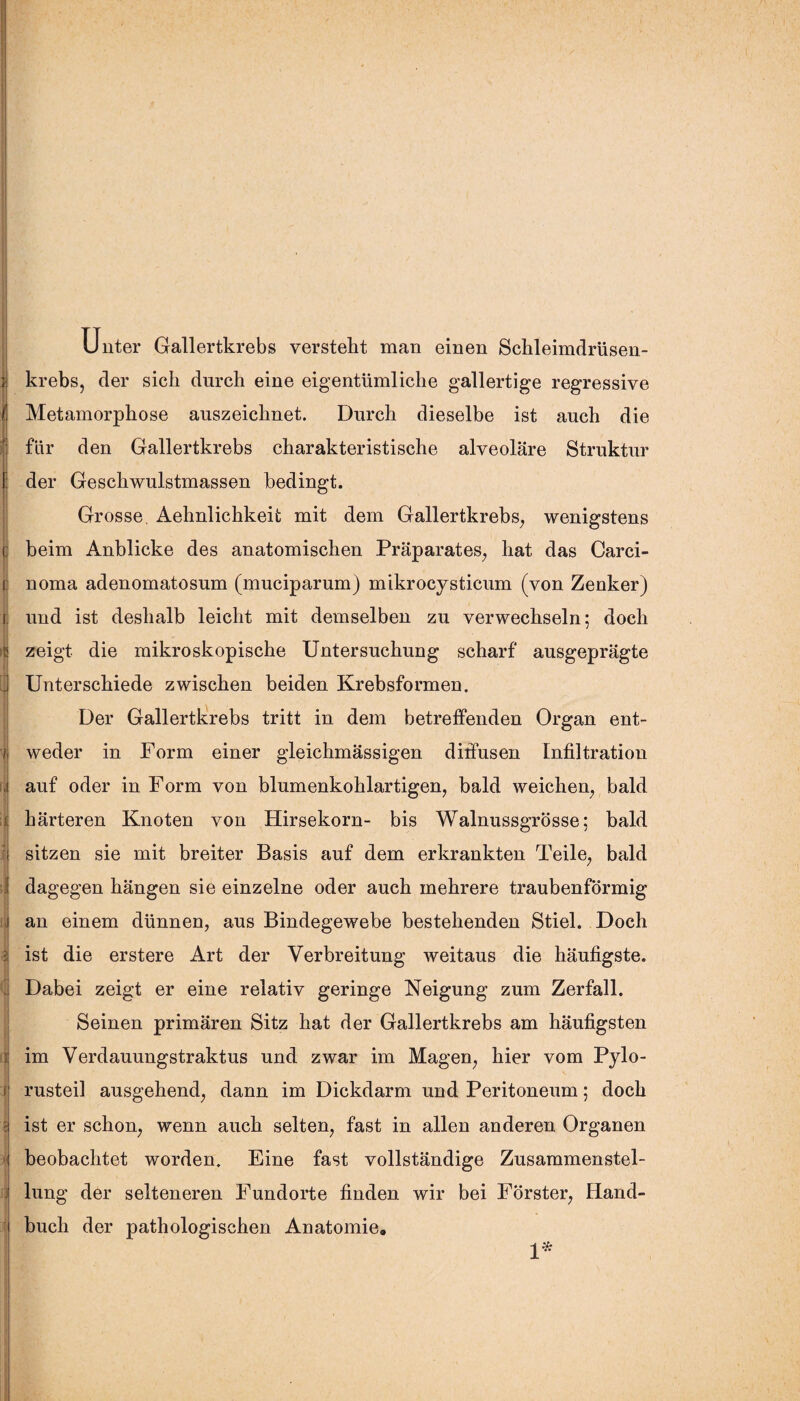 f f i i r r j D j i 5 i 5 1 r! i Unter Gallertkrebs verstellt man einen Schleimdrüsen¬ krebs, der sich durch eine eigentümliche gallertige regressive Metamorphose auszeichnet. Durch dieselbe ist auch die für den Gallertkrebs charakteristische alveoläre Struktur der Geschwulstmassen bedingt. Grosse. Aehnlichkeit mit dem Gallertkrebs, wenigstens beim Anblicke des anatomischen Präparates, hat das Carci¬ noma adenomatosum (muciparum) mikrocysticum (von Zenker) und ist deshalb leicht mit demselben zu verwechseln; doch zeigt die mikroskopische Untersuchung scharf ausgeprägte Unterschiede zwischen beiden Krebsformen. Der Gallertkrebs tritt in dem betreffenden Organ ent¬ weder in Form einer gleichmässigen diffusen Infiltration auf oder in Form von blumenkohlartigen, bald weichen, bald härteren Knoten von Hirsekorn- bis Walnussgrösse; bald sitzen sie mit breiter Basis auf dem erkrankten Teile, bald dagegen hängen sie einzelne oder auch mehrere traubenförmig an einem dünnen, aus Bindegewebe bestehenden Stiel. Doch ist die erstere Art der Verbreitung weitaus die häufigste. Dabei zeigt er eine relativ geringe Neigung zum Zerfall. Seinen primären Sitz hat der Gallertkrebs am häufigsten im Verdauungstraktus und zwar im Magen, hier vom Pylo- rusteil ausgehend, dann im Dickdarm und Peritoneum; doch ist er schon, wenn auch selten, fast in allen anderen Organen beobachtet worden. Eine fast vollständige Zusammenstel¬ lung der selteneren Fundorte finden wir bei Förster, Hand¬ buch der pathologischen Anatomie.