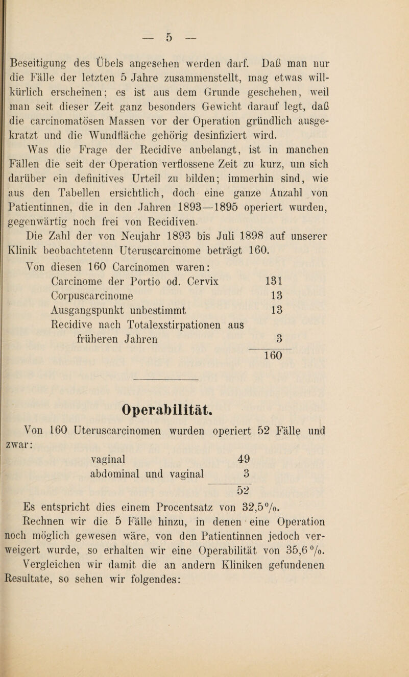 Beseitigung des Übels angesehen werden darf. Daß man nur die Fälle der letzten 5 Jahre zusammenstellt, mag etwas will¬ kürlich erscheinen; es ist aus dem Grunde geschehen, weil man seit dieser Zeit ganz besonders Gewicht darauf legt, daß die carcinomatösen Massen vor der Operation gründlich ausge¬ kratzt und die Wundfläche gehörig desinfiziert wird. Was die Frage der Recidive anbelangt, ist in manchen Fällen die seit der Operation verflossene Zeit zu kurz, um sich darüber ein definitives Urteil zu bilden; immerhin sind, wie aus den Tabellen ersichtlich, doch eine ganze Anzahl von Patientinnen, die in den Jahren 1893—1895 operiert wurden, gegenwärtig noch frei von Recidiven. Die Zahl der von Neujahr 1893 bis Juli 1898 auf unserer Klinik beobachtetem! Uteruscarcinome beträgt 160. Von diesen 160 Carcinomen waren: Carcinome der Portio od. Cervix 131 Corpuscarcinome 13 Ausgangspunkt unbestimmt 13 Recidive nach Totalexstirpationen aus früheren Jahren 3 160 Operabilität. Von 160 Uteruscarcinomen wurden operiert 52 Fälle und zwar: vaginal 49 abdominal und vaginal 3 52 Es entspricht dies einem Procentsatz von 32,5%. Rechnen wir die 5 Fälle hinzu, in denen eine Operation noch möglich gewesen wäre, von den Patientinnen jedoch ver¬ weigert wurde, so erhalten wir eine Operabilität von 35,6 °/o. Vergleichen wir damit die an andern Kliniken gefundenen Resultate, so sehen wir folgendes: