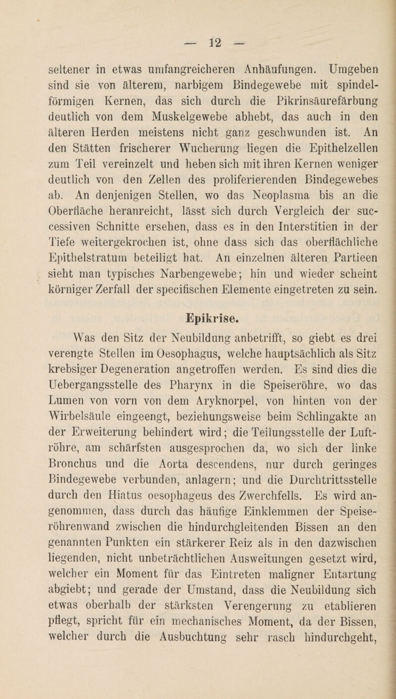 sind sie von älterem, narbigem Bindegewebe mit spindel¬ förmigen Kernen, das sich durch die Pikrinsäurefärbung deutlich von dem Muskelgewebe abhebt, das auch in den älteren Herden meistens nicht ganz geschwunden ist. An den Stätten frischerer Wucherung liegen die Epithelzellen zum Teil vereinzelt und heben sich mit ihren Kernen weniger deutlich von den Zellen des proliferierenden Bindegewebes ab. An denjenigen Stellen, wo das Neoplasma bis an die Oberfläche heranreicht, lässt sich durch Vergleich der suc- cessiven Schnitte ersehen, dass es in den Interstitien in der Tiefe weitergekrochen ist, ohne dass sich das oberflächliche Epithelstratum beteiligt hat. An einzelnen älteren Partieen sieht man typisches Narbengewebe; hin und wieder scheint körniger Zerfall der specifischen Elemente eingetreten zu sein. Epikrise. Was den Sitz der Neubildung anbetrifft, so giebt es drei verengte Stellen im Oesophagus, welche hauptsächlich als Sitz krebsiger Degeneration angetroffen werden. Es sind dies die Uebergangsstelle des Pharynx in die Speiseröhre, wo das Lumen von vorn von dem Aryknorpel, von hinten von der Wirbelsäule eingeengt, beziehungsweise beim Schlingakte an der Erweiterung behindert wird; die Teiiungsstelle der Luft¬ röhre, am schärfsten ausgesprochen da, wo sich der linke j Bronchus und die Aorta descendens, nur durch geringes j Bindegewebe verbunden, anlagern; und die Durchtrittsstelle j durch den Hiatus oesophageus des Zwerchfells. Es wird an- : genommen, dass durch das häufige Einklemmen der Speise- i röhrenwand zwischen die hindurchgleitenden Bissen an den ; genannten Punkten ein stärkerer Reiz als in den dazwischen j liegenden, nicht unbeträchtlichen Ausweitungen gesetzt wird, j welcher ein Moment für das Eintreten maligner Entartung ■ abgiebt; und gerade der Umstand, dass die Neubildung sich ; etwas oberhalb der stärksten Verengerung zu etablieren i pflegt, spricht für ein mechanisches Moment, da der Bissen, ^ W'elcher durch die Ausbuchtung sehr rasch hindurchgeht,