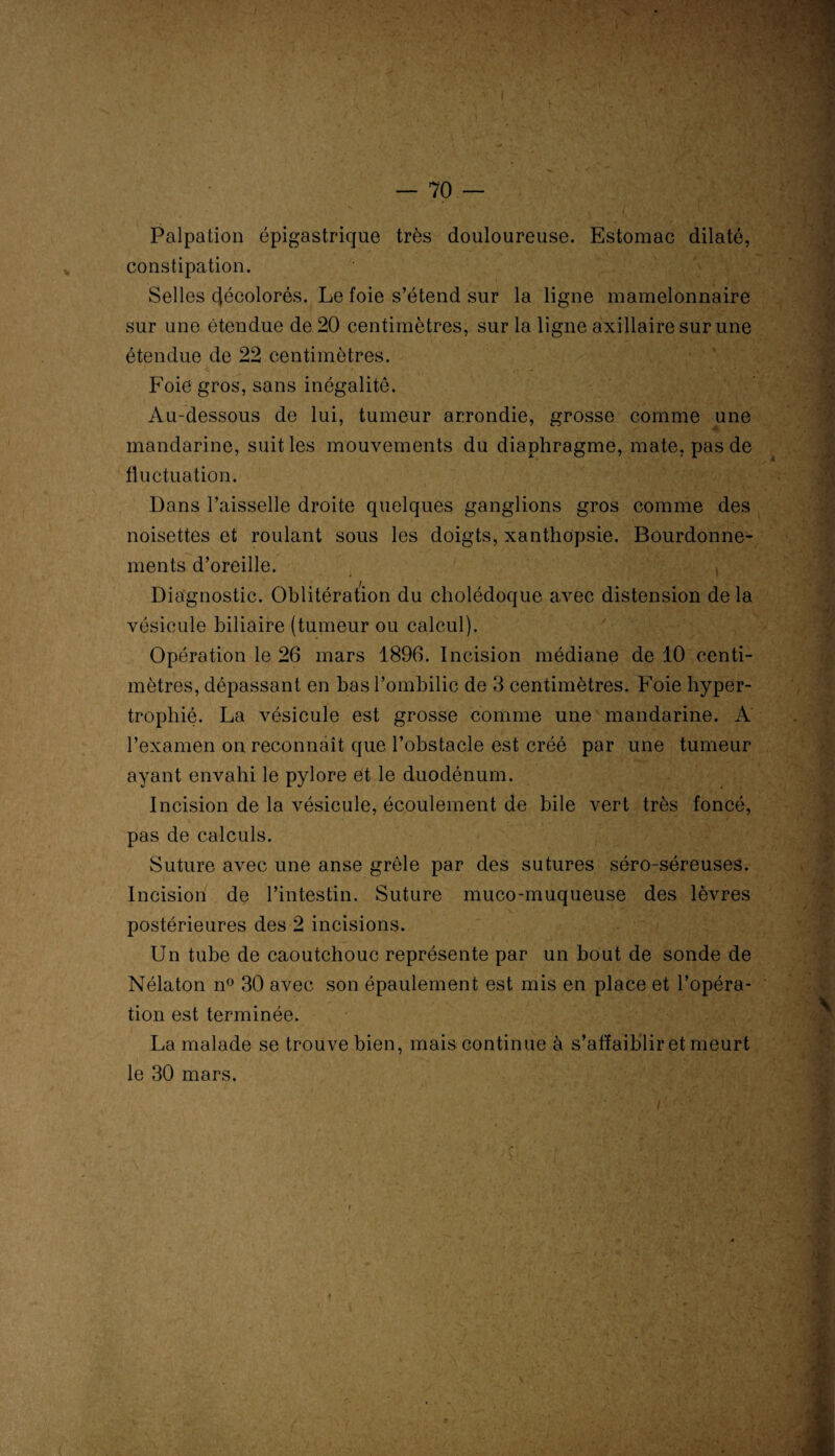 Palpation épigastrique très douloureuse. Estomac dilaté, constipation. Selles 4écolorés. Le foie s’étend sur la ligne mamelonnaire sur une étendue de 20 centimètres, sur la ligne axillaire sur une étendue de 22 centimètres. Foie gros, sans inégalité. Au-dessous de lui, tumeur arrondie, grosse comme une mandarine, suit les mouvements du diaphragme, mate, pas de fluctuation. Dans l’aisselle droite quelques ganglions gros comme des noisettes et roulant sous les doigts, xanthopsie. Bourdonne¬ ments d’oreille. Diagnostic. Oblitération du cholédoque avec distension de la vésicule biliaire (tumeur ou calcul). Opération le 26 mars 1896. Incision médiane de 10 centi¬ mètres, dépassant en bas l’ombilic de 3 centimètres. Foie hyper¬ trophié. La vésicule est grosse comme une mandarine. A l’examen on reconnaît que l’obstacle est créé par une tumeur ayant envahi le pylore et le duodénum. Incision de la vésicule, écoulement de bile vert très foncé, pas de calculs. Suture avec une anse grêle par des sutures séro-séreuses. Incision de l’intestin. Suture muco-muqueuse des lèvres postérieures des 2 incisions. Un tube de caoutchouc représente par un bout de sonde de Nélaton n° 30 avec son épaulement est mis en place et l’opéra¬ tion est terminée. La malade se trouve bien, mais continue à s’affaiblir et meurt le 30 mars.