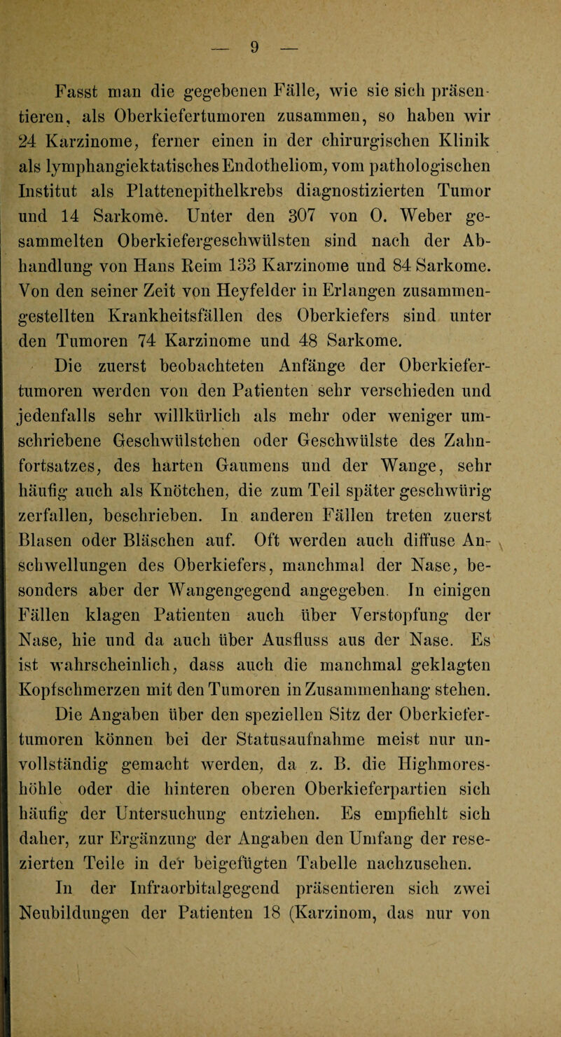 Fasst man die gegebenen Fälle, wie sie sieh präsen¬ tieren, als Oberkiefertumoren zusammen, so haben wir 24 Karzinome, ferner einen in der chirurgischen Klinik als lymphangiektatisches Endotheliom, vom pathologischen Institut als Plattenepithelkrebs diagnostizierten Tumor und 14 Sarkome. Unter den 307 von 0. Weber ge¬ sammelten Oberkiefergeschwülsten sind nach der Ab¬ handlung von Hans Reim 133 Karzinome und 84 Sarkome. Von den seiner Zeit von Heyfelder in Erlangen zusammen¬ gestellten Krankheitsfällen des Oberkiefers sind unter den Tumoren 74 Karzinome und 48 Sarkome. Die zuerst beobachteten Anfänge der Oberkiefer¬ tumoren werden von den Patienten sehr verschieden und jedenfalls sehr willkürlich als mehr oder weniger um¬ schriebene Geschwülstchen oder Geschwülste des Zahn¬ fortsatzes, des harten Gaumens und der Wange, sehr häufig auch als Knötchen, die zum Teil später geschwürig zerfallen, beschrieben. In anderen Fällen treten zuerst Blasen oder Bläschen auf. Oft werden auch diffuse An¬ schwellungen des Oberkiefers, manchmal der Nase, be¬ sonders aber der Wangengegend angegeben. In einigen Fällen klagen Patienten auch über Verstopfung der Nase, hie und da auch über Ausfluss aus der Nase. Es ist wahrscheinlich, dass auch die manchmal geklagten Kopfschmerzen mit den Tumoren in Zusammenhang stehen. Die Angaben über den speziellen Sitz der Oberkiefer¬ tumoren können bei der Statusaufnahme meist nur un¬ vollständig gemacht werden, da z. B. die Higlimores- höhle oder die hinteren oberen Oberkieferpartien sich häufig der Untersuchung entziehen. Es empfiehlt sich daher, zur Ergänzung der Angaben den Umfang der rese¬ zierten Teile in der beigefügten Tabelle nachzusehen. In der Infraorbitalgegend präsentieren sich zwei Neubildungen der Patienten 18 (Karzinom, das nur von