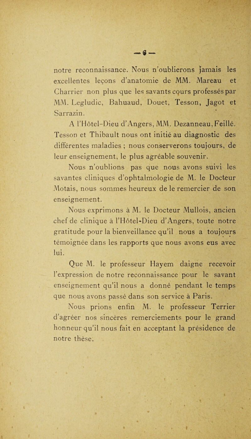 notre reconnaissance. Nous n’oublierons jamais les excellentes leçons d’anatomie de MM. Mareau et Charrier non plus que les savants cqurs professés par MM. Legludic, Bahuaud, Douet, Tesson, Jagot et Sarrazin. A l’Hôtel-Dieu d’Angers, MM. Dezanneau, Feillé. Tesson et Thibault nous ont initié au diagnostic des différentes maladies ; nous conserverons toujours, de leur enseignement, le plus agréable souvenir. Nous n’oublions pas que nous avons suivi les savantes cliniques d’ophtalmologie de M. le Docteur Motais, nous sommes heureux de le remercier de son enseignement. Nous exprimons à M. le Docteur Mullois, ancien chef de clinique à l’Hôtel-Dieu d’Angers, toute notre gratitude pour la bienveillance qu’il nous a toujours témoignée dans les rapports que nous avons eus avec lui. Que M. le professeur Hayem daigne recevoir l’expression de notre reconnaissance pour le savant enseignement qu’il nous a donné pendant le temps que nous avons passé dans son service à Paris. Nous prions enfin M. le professeur Terrier d’agréer nos sincères remerciements pour le grand honneur qu’il nous fait en acceptant la présidence de notre thèse.