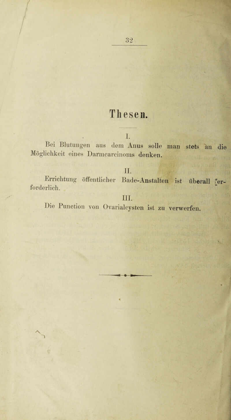 Thesen. i. Bei Blutungen aus dem Anus solle man stets an die Möglichkeit eines Darmcarcinoms denken. II. Errichtung öffentlicher Bade-Anstalten ist überall [er¬ forderlich. III. Die I nnction von Ovarialcysten ist zu verwerfen. * 'V