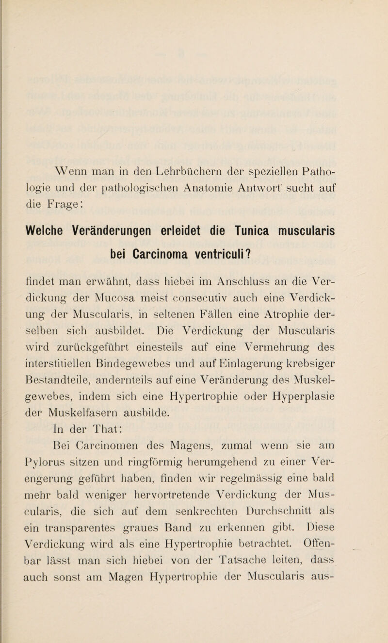 Wenn man in den Lehrbüchern der speziellen Patho¬ logie und der pathologischen Anatomie Antwort’ sucht auf die Frage: Welche Veränderungen erleidet die Tunica muscularis bei Carcinoma ventriculi? findet man erwähnt, dass hiebei im Anschluss an die Ver¬ dickung der Mucosa meist consecutiv auch eine Verdick¬ ung der Muscularis, in seltenen Fällen eine Atrophie der¬ selben sich ausbildet. Die Verdickung der Muscularis wird zurückgeführt einesteils auf eine Vermehrung des interstitiellen Bindegewebes und auf Einlagerung krebsiger Bestandteile, andernteils auf eine Veränderung des Muskel¬ gewebes, indem sich eine Hypertrophie oder Hyperplasie der Muskelfasern ausbilde. In der That: Bei Carcinomen des Magens, zumal wenn sie am Pylorus sitzen und ringförmig herumgehend zu einer Ver¬ engerung geführt haben, finden wir regelmässig eine bald mehr bald weniger hervortretende Verdickung der Mus¬ cularis, die sich auf dem senkrechten Durchschnitt als ein transparentes graues Band zu erkennen gibt. Diese Verdickung wird als eine Hypertrophie betrachtet. Offen¬ bar lässt man sich hiebei von der Tatsache leiten, dass auch sonst am Magen Hypertrophie der Muscularis aus-