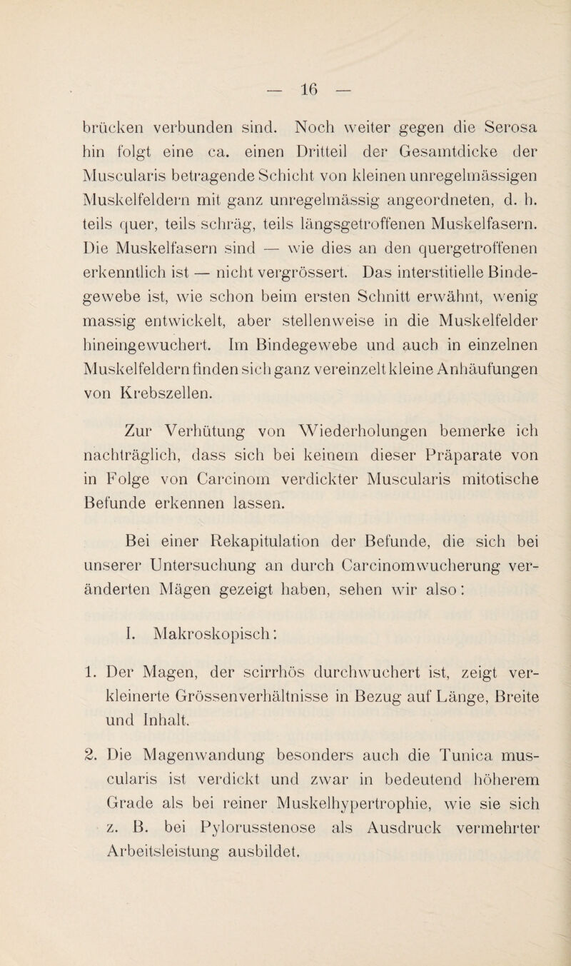 brücken verbunden sind. Noch weiter gegen die Serosa hin folgt eine ca. einen Dritteil der Gesamtdicke der Muscularis betragende Schicht von kleinen unregelmässigen Muskelfeldern mit ganz unregelmässig angeordneten, d. h. teils quer, teils schräg, teils längsgetroffenen Muskelfasern. Die Muskelfasern sind — wie dies an den quergetroffenen erkenntlich ist — nicht vergrössert. Das interstitielle Binde¬ gewebe ist, wie schon beim ersten Schnitt erwähnt, wenig massig entwickelt, aber stellenweise in die Muskelfelder hineingewuchert. Im Bindegewebe und auch in einzelnen Muskelfeldern finden sich ganz vereinzelt kleine Anhäufungen von Krebszellen. Zur Verhütung von Wiederholungen bemerke ich nachträglich, dass sich bei keinem dieser Präparate von in Folge von Carcinom verdickter Muscularis mitotische Befunde erkennen lassen. Bei einer Rekapitulation der Befunde, die sich bei unserer Untersuchung an durch Carcinom Wucherung ver¬ änderten Mägen gezeigt haben, sehen wir also: I. Makroskopisch: 1. Der Magen, der scirrhös durch wuchert ist, zeigt ver¬ kleinerte Grössenverhältnisse in Bezug auf Länge, Breite und Inhalt. 2. Die Magenwandung besonders auch die Tunica mus¬ cularis ist verdickt und zwar in bedeutend höherem Grade als bei reiner Muskelhypertrophie, wie sie sich z. B. bei Pylorusstenose als Ausdruck vermehrter Arbeitsleistung ausbildet.