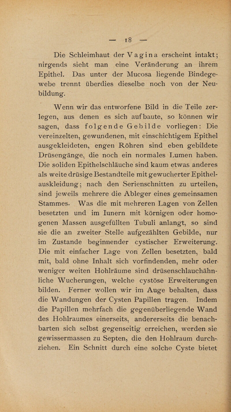 Die Schleimhaut der Vagina erscheint intakt; nirgends sieht man eine Veränderung an ihrem Epithel. Das unter der Mucosa liegende Bindege¬ webe trennt überdies dieselbe noch von der Neu¬ bildung. Wenn wir das entworfene Bild in die Teile zer¬ legen, aus denen es sich aufbaute, so können wir sagen, dass folgende Gebilde vorliegen: Die vereinzelten, gewundenen, mit einschichtigem Epithel ausgekleideten, engen Röhren sind eben gebildete Drüsengänge, die noch ein normales Lumen haben. Die soliden Epithelschläuche sind kaum etwas anderes als weite drüsige Bestandteile mit gewucherter Epithel¬ auskleidung; nach den Serienschnitten zu urteilen, sind jeweils mehrere die Ableger eines gemeinsamen Stammes. Was die mit mehreren Lagen von Zellen besetzten und im lunern mit körnigen oder homo¬ genen Massen ausgefüllten Tubuli anlangt, so sind sie die an zweiter Stelle aufgezählten Gebilde, nur im Zustande beginnender cystischer Erweiterung. Die mit einfacher Lage von Zellen besetzten, bald mit, bald ohne Inhalt sich vorfindenden, mehr oder weniger weiten Hohlräume sind drüsenschlauchähn¬ liche Wucherungen, welche cystöse Erweiterungen bilden. Ferner wollen wir im Auge behalten, dass die Wandungen der Cysten Papillen tragen. Indem die Papillen mehrfach die gegenüberliegende Wand des Hohlraumes einerseits, andererseits die benach- / barten sich selbst gegenseitig erreichen, werden sie gewissermassen zu Septen, die den Hohlraum durch¬ ziehen. Ein Schnitt durch eine solche Cyste bietet
