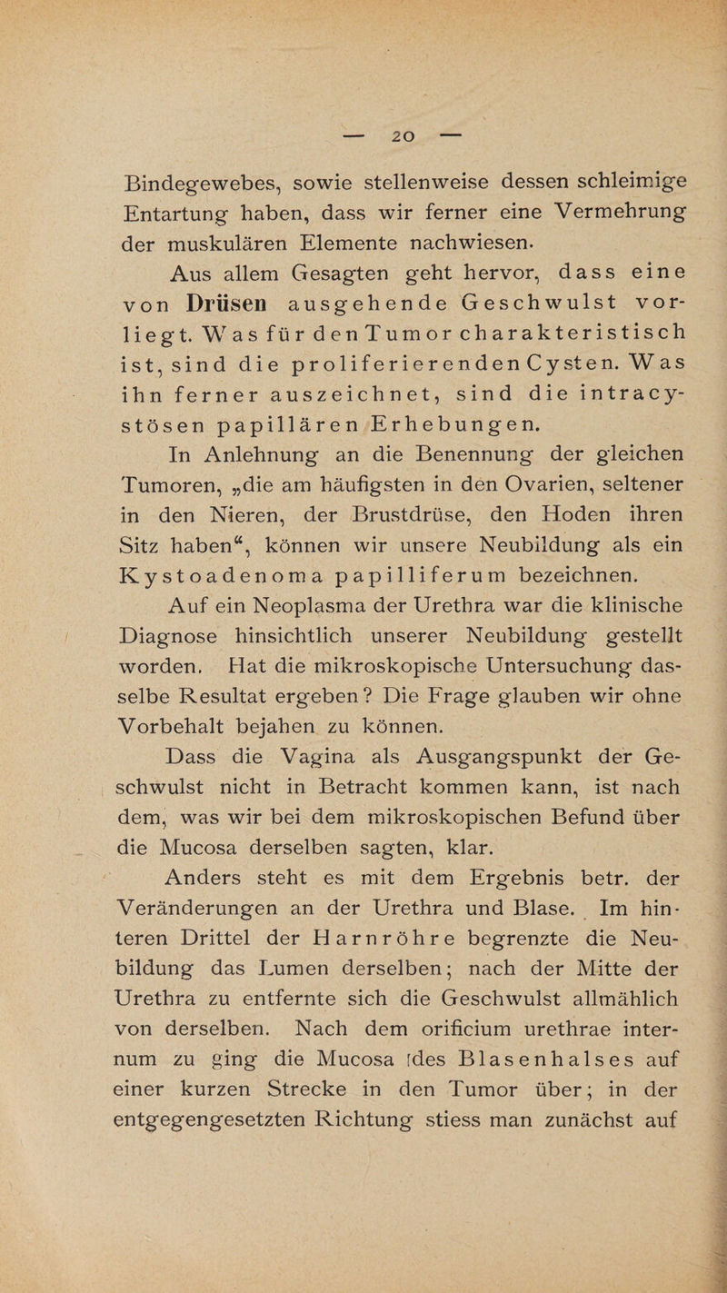 Bindegewebes, sowie stellenweise dessen schleimige Entartung haben, dass wir ferner eine Vermehrung der muskulären Elemente nachwiesen. Aus allem Gesagten geht hervor, dass eine von Drüsen ausgehende Geschwulst vor¬ liegt. Was für denTumor charakteristisch ist, sind die proliferierendenCysten. Was ihn ferner auszeichnet, sind dieintracy- stösen papillären Erhebungen. In Anlehnung an die Benennung der gleichen Tumoren, „die am häufigsten in den Ovarien, seltener in den Nieren, der Brustdrüse, den Hoden ihren Sitz haben“, können wir unsere Neubildung als ein Kystoadenoma papilliferum bezeichnen. Auf ein Neoplasma der Urethra war die klinische Diagnose hinsichtlich unserer Neubildung gestellt worden. Hat die mikroskopische Untersuchung das¬ selbe Resultat ergeben? Die Frage glauben wir ohne Vorbehalt bejahen zu können. Dass die Vagina als Ausgangspunkt der Ge¬ schwulst nicht in Betracht kommen kann, ist nach dem, was wir bei dem mikroskopischen Befund über die Mucosa derselben sagten, klar. Anders steht es mit dem Ergebnis betr. der Veränderungen an der Urethra und Blase. Im hin¬ teren Drittel der Harnröhre begrenzte die Neu¬ bildung das Lumen derselben; nach der Mitte der Urethra zu entfernte sich die Geschwulst allmählich von derselben. Nach dem orificium urethrae inter- num zu ging die Mucosa [des Blasenhalses auf einer kurzen Strecke in den Tumor über; in der entgegengesetzten Richtung stiess man zunächst auf