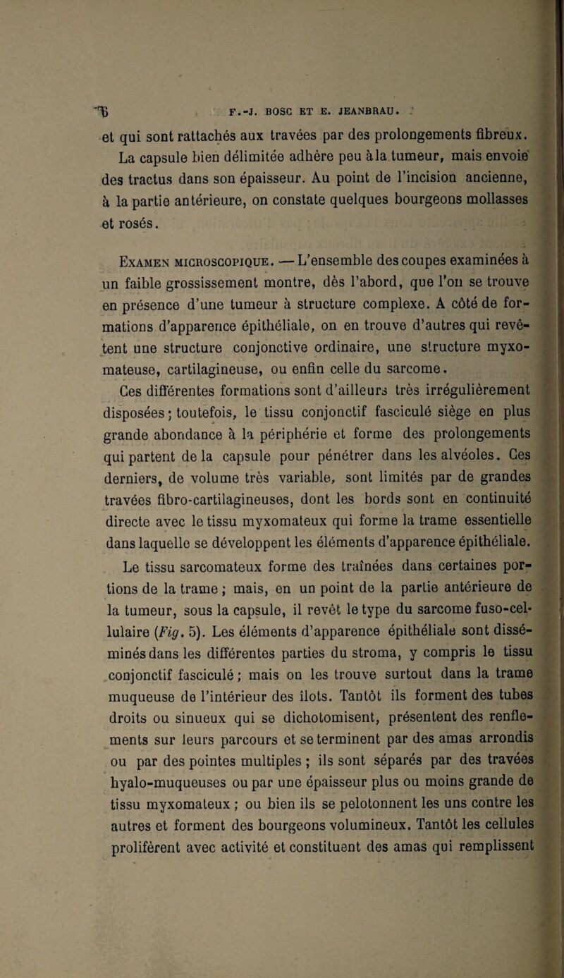 et qui sont rattachés aux travées par des prolongements fibreux. La capsule bien délimitée adhère peu à la tumeur, mais envoie des tractus dans son épaisseur. Au point de l’incision ancienne, à la partie antérieure, on constate quelques bourgeons mollasses et rosés. Examen microscopique. —L’ensemble des coupes examinées à un faible grossissement montre, dès l’abord, que Ton se trouve en présence d’une tumeur à structure complexe. A côté de for¬ mations d’apparence épithéliale, on en trouve d’autres qui revê¬ tent une structure conjonctive ordinaire, une structure myxo- mateuse, cartilagineuse, ou enfin celle du sarcome. Ces différentes formations sont d’ailleurs très irrégulièrement disposées ; toutefois, le tissu conjonctif fasciculé siège en plus grande abondance à la périphérie et forme des prolongements qui partent delà capsule pour pénétrer dans les alvéoles. Ces derniers, de volume très variable, sont limités par de grandes travées fibro-cartiiagineuses, dont les bords sont en continuité directe avec le tissu myxomateux qui forme la trame essentielle dans laquelle se développent les éléments d’apparence épithéliale. Le tissu sarcomateux forme des traînées dans certaines por¬ tions de la trame ; mais, en un point de la partie antérieure de la tumeur, sous la capsule, il revêt le type du sarcome fuso-cel- lulaire {Fig. 5). Les éléments d’apparence épithéliale sont dissé¬ minés dans les différentes parties du stroma, y compris le tissu conjonctif fasciculé ; mais on les trouve surtout dans la trame muqueuse de l’intérieur des îlots. Tantôt ils forment des tubes droits ou sinueux qui se dichotomisent, présentent des renfle¬ ments sur leurs parcours et se terminent par des amas arrondis ou par des pointes multiples ; ils sont séparés par des travées V hyalo-muqueuses ou par une épaisseur plus ou moins grande de tissu myxomateux ; ou bien ils se pelotonnent les uns contre les autres et forment des bourgeons volumineux. Tantôt les cellules prolifèrent avec activité et constituent des amas qui remplissent