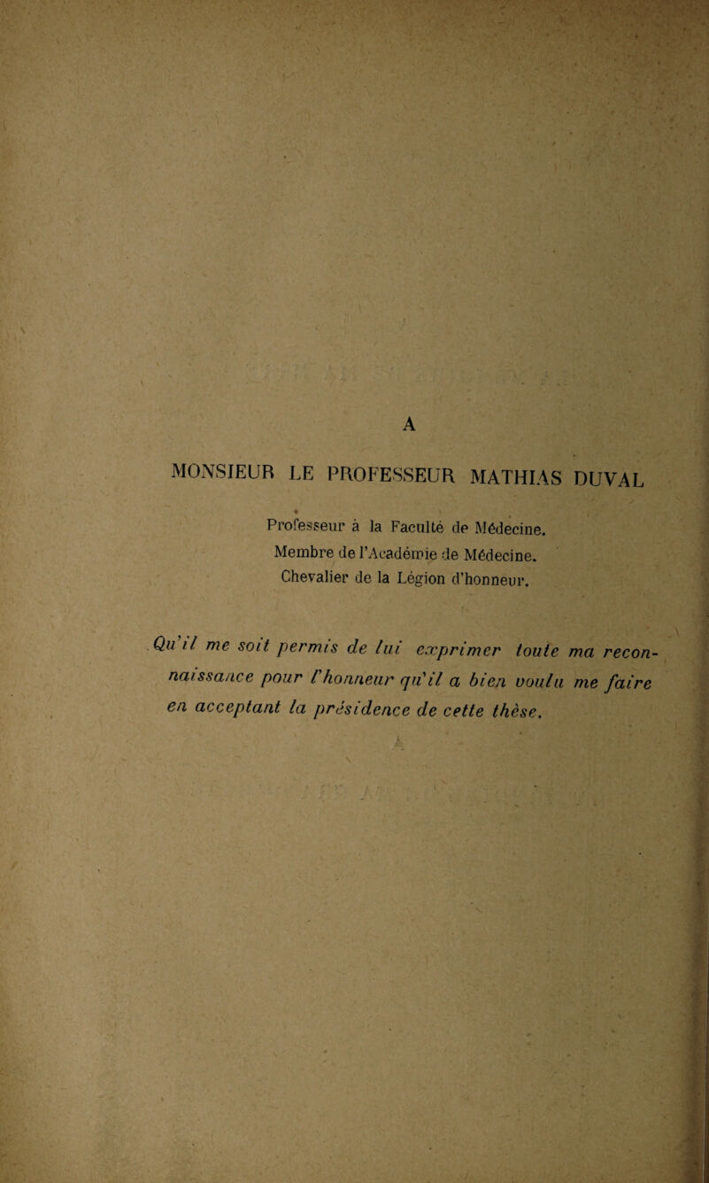 A MONSIEUR LE PROFESSEUR MATHIAS DUVAL f / * Professeur à la Faculté de Médecine. Membre de l’Académie de Médecine. Chevalier de la Légion d’honneur. Qu il me soit permis de lai exprimer toute ma recon- naissaace pour l honneur qu'il a bien voulu me faire en acceptant la présidence de cette thèse.