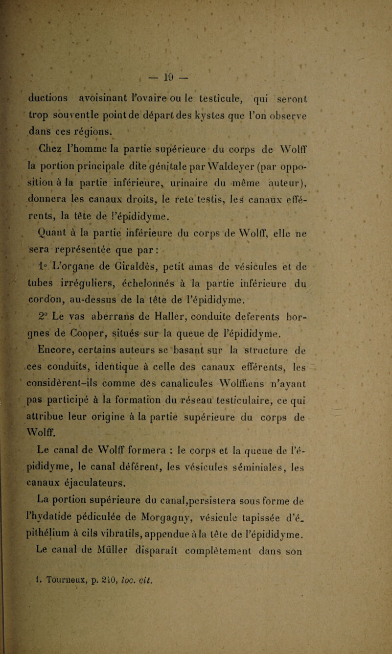 ductions avoisinant l’ovaire ou le testicule, qui seront trop souventle point de départ des kystes que l’on observe dans ces régions. Chez l’homme la partie supérieure du corps de Wolff la portion principale dite génitale par Waldeyer (par oppo¬ sition à la partie inférieure, urinaire du même auteur), donnera les canaux droits, le rete testis, les canaux effé¬ rents, la tête de l’épididyme. Quant à la partie inférieure du corps de Wolff, elle ne sera représentée que par : 1° L’organe de Giraldès, petit amas de vésicules et de tubes irréguliers, échelonnés à la partie inférieure du cordon, au-dessus de la tête de l’épididyme. 2° Le vas aberrans de Haller, conduite deferents bor¬ gnes de Cooper, situés sur la queue de l’épididyme. Encore, certains auteurs se basant sur la structure de ces conduits, identique à celle des canaux efférents, les considèrent-ils comme dés canalicules Wolffiens n’ayant pas participé à la formation du réseau testiculaire, ce qui attribue leur origine à la partie supérieure du corps de Wolff. Le canal de Wolff formera : le corps et la queue de l’é¬ pididyme, le canal déférent, les vésicules séminiales, les canaux éjaculateurs. La portion supérieure du canal,persistera sous forme de l’hydatide pédiculée de Morgagny, vésicule tapissée d’é. pilhélium à cils vibratils, appendue à la tête de l’épididyme. Le canal de Müller disparaît complètement dans son 1. Touraeux, p. 210, loc. cit.