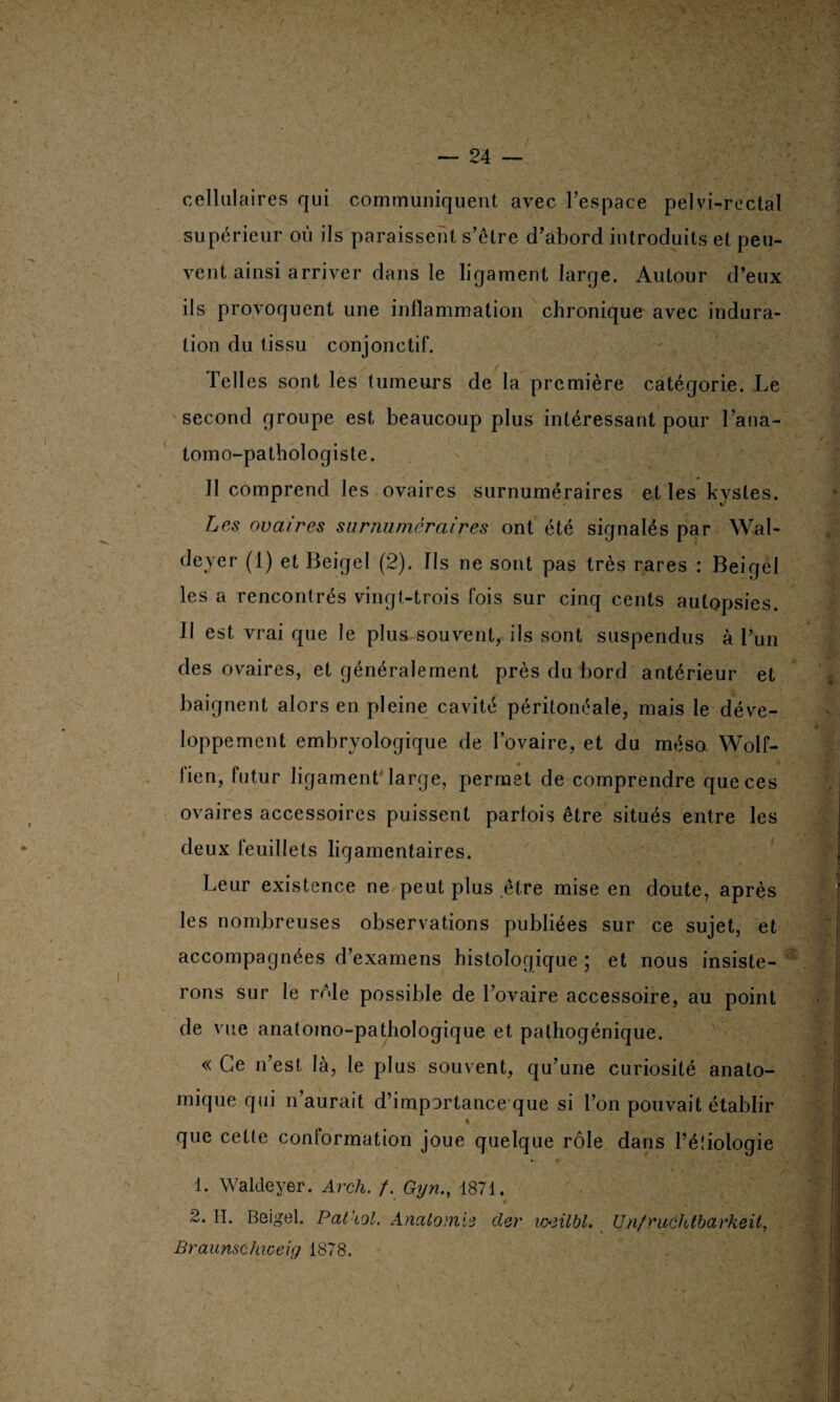 cellulaires qui communiquent avec l’espace pelvi-rectal supérieur où ils paraissent s’étre d’abord introduits et peu¬ vent ainsi arriver dans le ligament large. Autour d’eux ils provoquent une inflammation chronique avec indura¬ tion du tissu conjonctif. Telles sont les tumeurs de la première catégorie. Le second groupe est beaucoup plus intéressant pour l’ana¬ tomo-pathologiste. Il comprend les ovaires surnuméraires et les kystes. Les ovaires surnuméraires ont été signalés par Wal- deyer (1) et Beigel (2). Ils ne sont pas très rares : Beigel les a rencontrés vingt-trois fois sur cinq cents autopsies. II est vrai que le plus souvent, ils sont suspendus à l’un des ovaires, et généralement près du bord antérieur et baignent alors en pleine cavité péritonéale, mais le déve¬ loppement embryologique de l’ovaire, et du méso Wolf- fien, futur ligament large, permet de comprendre que ces ovaires accessoires puissent parfois être situés entre les deux feuillets ligamentaires. Leur existence ne peut plus être mise en doute, après les nombreuses observations publiées sur ce sujet, et accompagnées d’examens histologique ; et nous insiste¬ rons sur le rôle possible de l’ovaire accessoire, au point de vue anatomo-pathologique et palhogénique. « Ce n’est là, le plus souvent, qu’une curiosité anato¬ mique qui n’aurait d’importance que si l’on pouvait établir que cette contormation joue quelque rôle dans Pédologie 1. Waldeyer. Arcli. f. Gyn., 1871. 2. H. Beigel. Pat'toi. Anatomie cler i&eilbl. Unfruchtbarkeit, Braunschiceig 1878.