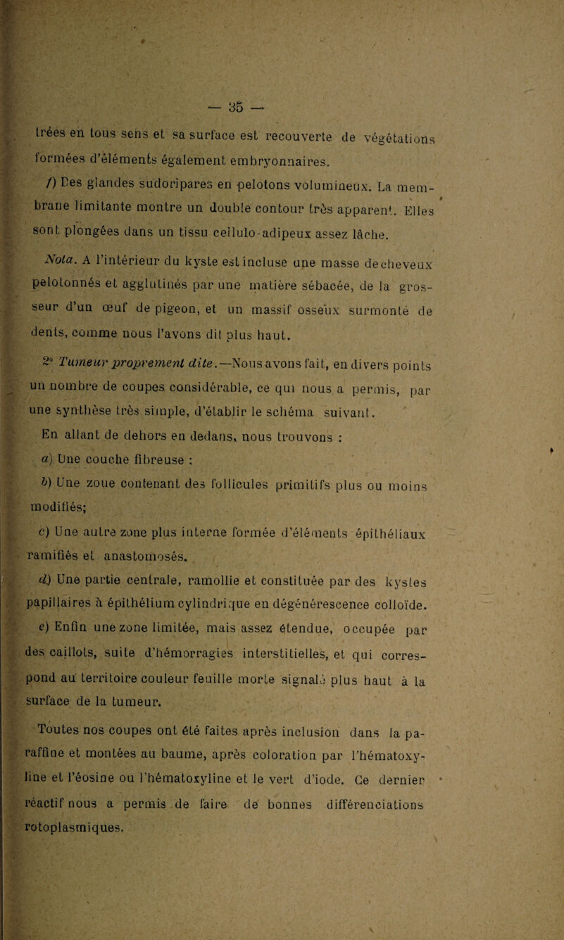 / / — 35 — trées en tous sens et sa surface est recouverte de végétations lormées d’éléments également embryonnaires. /) Des glandes sudoripares en pelotons volumineux. La mem¬ brane limitante montre un double contour très apparent. Elles i sont plongées dans un tissu cellulo-adipeux assez lâche. Nota. A l’intérieur du kyste est incluse une masse de cheveux pelotonnés et agglutinés par une matière sébacée, de la gros¬ seur d’un œut de pigeon, et un massif osseux surmonté de dents, comme nous l’avons dit plus haut. 2° Tameur proprement dite.— Nous avons fait, en divers points un nombre de coupes considérable, ce qui nous a permis, par une synthèse très simple, d’établir le schéma suivant. En allant de dehors en dedans, nous trouvons ; a) Une couche fibreuse : b) Une zone contenant des follicules primitifs plus ou moins modifiés; c) Une autre zone plus interne formée d’éléments épithéliaux ramifiés et anastomosés. d) Une partie centrale, ramollie et constituée par des kystes papillaires h épithélium cylindrique en dégénérescence colloïde. e) Enfin une zone limitée, mais assez étendue, occupée par des caillots, suite d’hémorragies interstitielles, et qui corres¬ pond au territoire couleur feuille morte signalé plus haut à la surface de la tumeur. Toutes nos coupes ont été faites après inclusion dans la pa¬ raffine et montées au baume, après coloration par l’hématoxy- line et l’éosine ou l’hématoxyline et le vert d’iode. Ce dernier * réactif nous a permis de faire de bonnes différenciations rotoplasmiques.