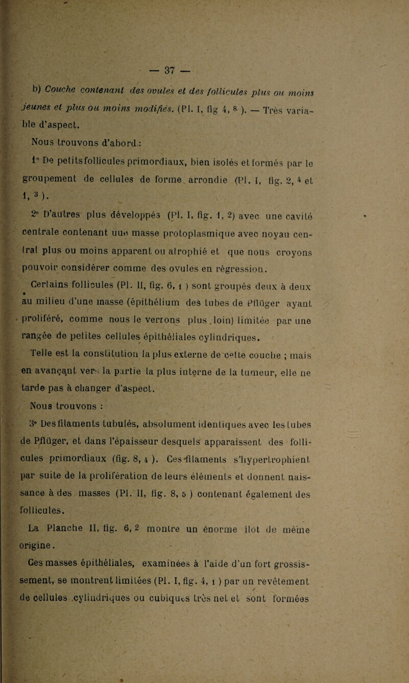 / b) Coucha contenuui des ovulas at des follicules plus ou moins jeunes et plus ou moins modifiés. (PI. I, fig 4, 8 ). _ Très varia- « ble d’aspect. 1. ; y Nous trouvons d’abord: H H. - 1° De petits follicules primordiaux, bien isolés et formés par le groupement de cellules déformé arrondie (Pl. I, fig. 2, 4 et i,3). 2° D autres plus développés (Pl. I, fig. 1, 2) avec une cavité centrale contenant uue masse protoplasmique avec noyau cen- . frai plus ou moins apparent ou atrophié et que nous croyons pouvoir considérer comme des ovules en régression. m ' Certains follicules (Pl. 11, fig. 6, i ) sont groupés deux à deux » au milieu d’une masse (épithélium deâ tubes de Pflüger ayant Sf ■ t proliféré, comme nous le verrons plus . loin) limitée par une rangée de petites cellules épithéliales cylindriques. Telle est la constitution la plus externe de c^tte couche ; mais en avançant vers la partie la plus interne de la tumeur, elle ne tarde pas à changer d’aspect. Nous trouvons : 3° Desfilaments tubulés, absolument identiques avec les tubes de Pflüger, et dans l’épaisseur desquels apparaissent des folli¬ cules primordiaux (fig. 8, 4 ). Ces'filaments s’hypertrophient par suite de la prolifération de leurs éléments et donnent nais¬ sance à des masses (Pl. II, fig. 8, 5 ) contenant également des follicules. La Planche II, fig. 6, 2 montre un énorme îlot de même origine. Ces masses épithéliales, examinées à l’aide d’un fort grossis¬ sement, se montrent limitées (Pl. I, fig. 4, î ) par un revêtement /. de cellules .cylindriques ou cubiques très net et sont formées / s y