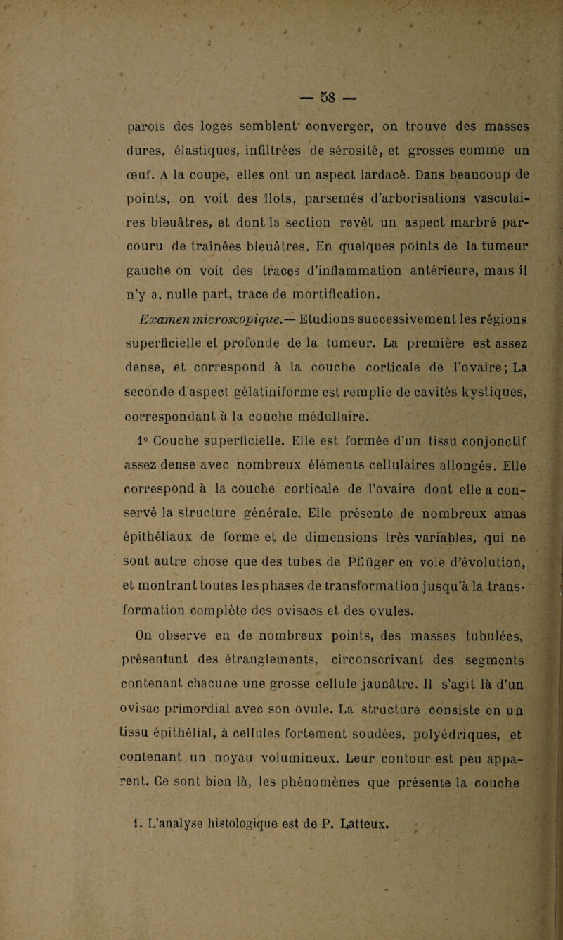 / — 58 — parois des loges semblent converger, on trouve des masses dures, élastiques, infiltrées de sérosité, et grosses comme un œuf. A la coupe, elles ont un aspect lardacé. Dans beaucoup de points, on voit des îlots, parsemés d’arborisations vasculai¬ res bleuâtres, et dont la section revêt un aspect marbré par¬ couru de traînées bleuâtres. En quelques points de la tumeur . \ gauche on voit des traces d’inflammation antérieure, mais il n’y a, nulle part, trace de mortification. Examen microscopique.— Etudions successivement les régions superficielle et profonde de la tumeur. La première est assez dense, et correspond à la couche corticale de l’ovaire; La seconde d'aspect gélatiniforme est remplie de cavités kystiques, correspondant à la couche médullaire. 1° Couche superficielle. Elle est formée d’un tissu conjonctif assez dense avec nombreux éléments cellulaires allongés. Elle correspond à la couche corticale de l’ovaire dont elle a con¬ servé la structure générale. Elle présente de nombreux amas épithéliaux de forme et de dimensions très variables, qui ne sont autre chose que des tubes de Pfiüger en voie d’évolution, et montrant toutes les phases de transformation jusqu’à la trans¬ formation complète des ovisacs et des ovules. On observe en de nombreux points, des masses tubulées, présentant des étranglements, circonscrivant des segments contenant chacune une grosse cellule jaunâtre. 11 s’agit là d’un ovisac primordial avec son ovule. La structure consiste en un tissu épithélial, à cellules fortement soudées, polyédriques, et contenant un noyau volumineux. Leur contour est peu appa¬ rent. Ce sont bien là, les phénomènes que présente la couche 1. L’analyse histologique est de P. Latteux. Ml -