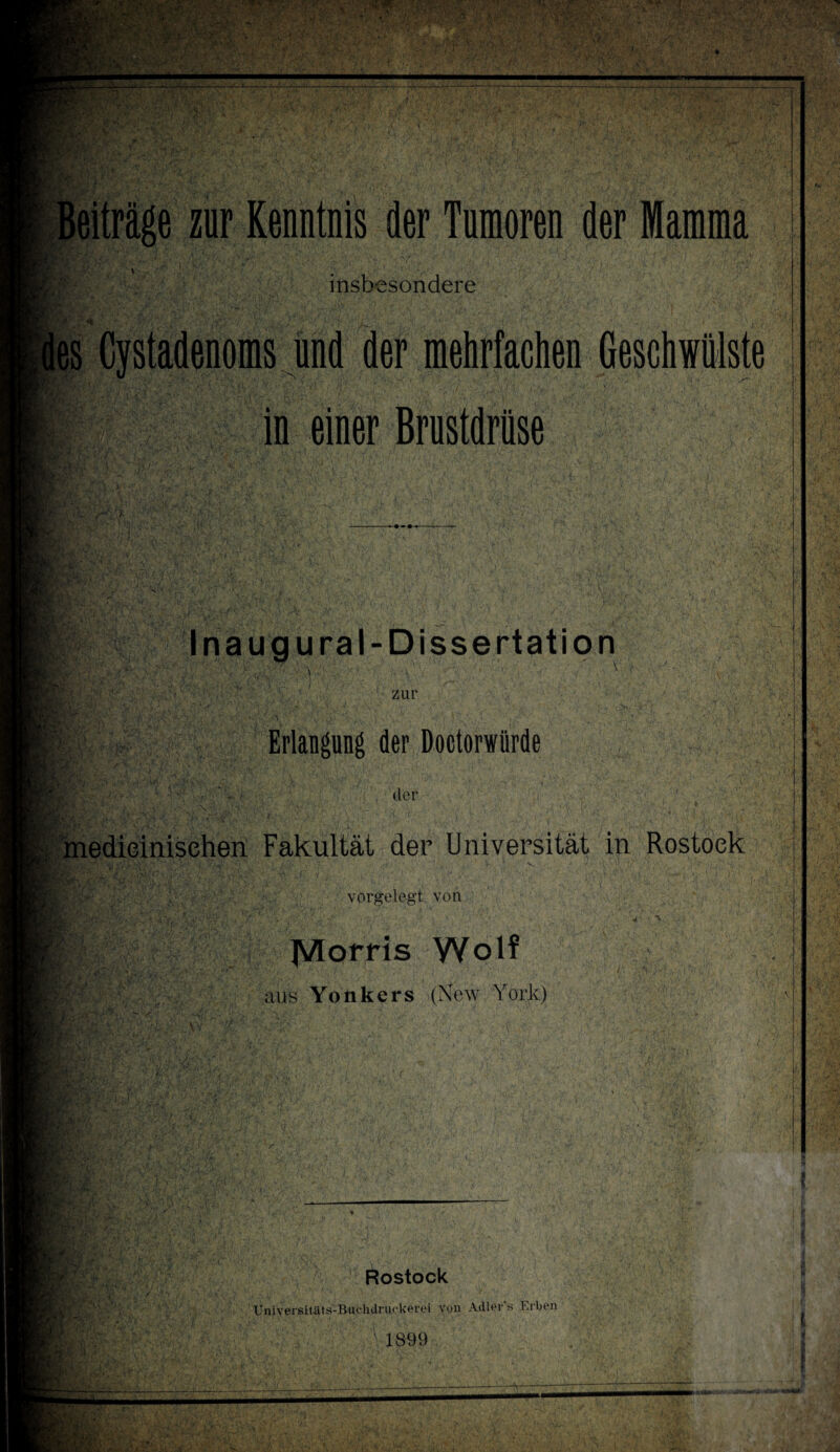 insbesondere les Cjstadenoms und der mehrfachen Geschwülste in einer Brustdrüse Ort I na ug ural-Dissertation ;' zur Erlangung der Doctorwürde der x- i medieinisehen Fakultät der Universität in Rostock vorgelegt von 4.'  V JVIorris Wolf aus Yonkers (New York) •' ;•>. - j'M Rostock Universitüts-Buchdruckerei von Adler's Erben YYV ’i 11899