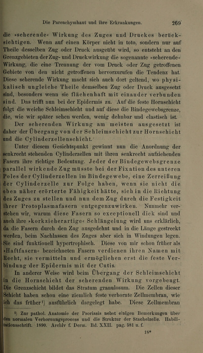 die »scherende« Wirknng des Zuges und Druckes beriick- sichtigen. Wenn auf einen Korper nicbt in toto, sondern nur auf Theile desselben Zug oder Druck ausgeiibt wird, so entsteht an den Grenzgebieten der Zug- und Druckwirkung die sogenannte »scberende« Wirkung, die eine Trennung der vom Druck oder Zug getroffenen Gebiete von den nicbt getroffenen liervorzurufen die Tendenz bat. Diese scherende Wirkung macht sich auch dort geltend, wo physi- kalisch ungleiche Theile demselben Zug oder Druck ausgesetzt sind, besonders wenn sie flachenliaft mit einander verbunden sind. Das trifft nun bei der Epidermis zu. Auf die feste Hornschickt folgt die weiche Schleimschicbt und auf diese die Bindegewebsgrenze, die, wie wir spater seben werden, wenig debnbar und elastiscb ist. Der scherenden Wirkung am meisten ausgesetzt ist daher der Ubergang von der Scbleimscbicht zur Hornschicht und die Cylinderzellenschicbt.' Unter diesem Gesicbtspunkt gewinnt nun die Anordnung der senkrecht stebenden Cylinderzellen mit ihren senkrecht aufziehenden Fasern ihre richtige Bedeutung. Jeder der Bindegewebsgrenze parallel wirkende Zug miisste bei der Fixation des unteren Poles der Cylinderzellen im Bindegewebe, eine ZerreiBung der Cylinderzelle zur Folge baben, wenn sie nicbt die oben naher erorterte Fabigkeit hlltte, sicb in die Biclitung des Zuges zu stellen und nun dem Zug durch die Festigkeit ibrer Protoplasmafasern entgegenzuwirken. Nunmehr ver- steben wir, warum diese Fasern so exceptionell dick sind und auch ihre »korkzieherartige« Schlangelung wird uns erklarlicb, da die Fasern durch den Zug ausgedehnt und in die Lange gestreckt werden, beim Naclilassen des Zuges aber sich in Windungen legen. Sie sind funktionell bypertropbiscb. Diese yon mir scbon friiber als »Haftfasern« bezeichneten Fasern verdienen ihren Namen mit Recht, sie vermitteln und ermoglichen erst die feste Ver- bindung der Epidermis mit der Cutis. In anderer Weise wird beim Ubergang der Scbleimscbicht in die Hornschicht der scherenden Wirkung vorgebeugt. Die Grenzscbicbt bildet das Stratum granulosum. Die Zellen dieser Scbicbt haben scbon eine ziemlich feste verbornte Zellmembran, wie ich das friiber1) ausfiibrlicb dargelegt habe. Diese Zellmembran l) Zur pathol. Anatomie der Psoriasis nebst emigen BemerkuEgen liber den normalen Verhornungsprocess und die Struktur der Stachelzelle. Habili- tationsschrift. 1890. Arcbiv f. Derm. Bd. XXII. pag. 581 u. f. 18*
