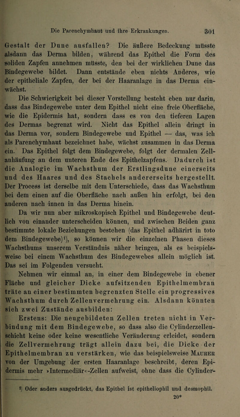 Gestalt der Dune ausfallen? Die auBere Bedeckung miisste alsdann das Derma bilden, wahrend das Epithel die Form des soliden Zapfen annebmen miisste, den bei der wirklicben Dune das Bindegewebe bildet. Dann entstande eben nicbts Anderes, wie der epitheliale Zapfen, der bei der Haaranlage in das Derma ein- wachst. Die Schwierigkeit bei dieser Vorstellung bestebt eben nur darin, dass das Bindegewebe unter dem Epitbel nicht eine freie Oberflacbe, wie die Epidermis hat, sondern dass es von den tieferen Lagen des Dermas begrenzt wird. Nicht das Epitbel allein dringt in das Derma yor, sondern Bindegewebe und Epitbel — das, was ich als Parenchymhaut bezeicbnet babe, wachst zusammen in das Derma ein. Das Epitbel folgt dem Bindegewebe, folgt der dermalen Zell- anhaufung an dem unteren Ende des Epitbelzapfens. Dadurcb ist die Analogic im Wachsthum der Erstlingsdune einerseits und des Haares und des Stacbels andererseits hergestellt. Der Process ist derselbe mit dem Unterschiede, dass das Wachsthum bei dem einen auf die Oberflache nacb auBen bin erfolgt, bei den anderen nacb innen in das Derma hinein. Da wir nun aber mikroskopiscb Epithel und Bindegewebe deut- licb von einander unterscbeiden konnen, und zwischen Beiden ganz bestimmte lokale Beziebungen besteben (das Epitbel adharirt in toto dem Bindegewebe)1), so konnen wir die einzelnen Pbasen dieses Wachsthums unserem Verstandnis naber bringen, als es beispiels- weise bei einem Wachsthum des Bindegewebes allein moglicb ist. Das sei im Folgenden yersucht. Nebmen wir einmal an, in einer dem Bindegewebe in ebener Flache und gleicher Dicke aufsitzenden Epithelmembran trLite an einer bestimmten begrenzten Stelle ein progressives Wachsthum durch Zellenvermehrung ein. Alsdann konnten sicb zwei Zustande ausbilden: Erstens: Die neugebildeten Zellen treten nicht in Ver- bindung mit dem Bindegewebe, so dass also die Cylinderzellen- scbicbt keine oder keine wesentlicbe Veranderung erleidet, sondern die Zellvermehrung tragt allein dazu bei, die Dicke der Epithelmembran zu verstarken, wie das beispielsweise Maurer yon der Umgebung der ersten Haaranlage bescbreibt, deren Epi¬ dermis mehr »Intermediar«-Zellen aufweist, obne dass die Cylinder- *) Oder anders ausgedriickt, das Epithel ist epitheliophil und desmophil. 20*