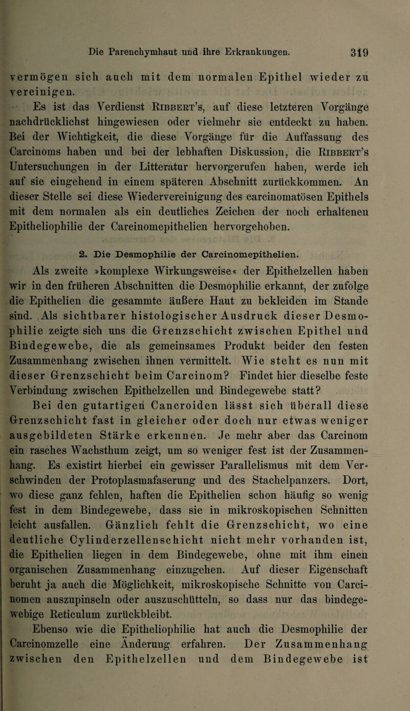 vermogen sich aucli mit dem normalen Epithel wieder zu vereinigen. Es ist das Verdienst Ribbert’s, auf diese letzteren Vorgange nachdrucklichst hingewiesen oder vielmekr sie entdeekt zu haben. Bei der Wichtigkeit, die diese Yorgange fiir die Auffassung des Carcinoms haben und bei der lebhaften Diskussion, die Ribbert’s Untersucbungen in der Litteratur hervorgerufen haben, werde icb auf sie eingehend in einem spateren iYbschnitt zuriickkommen. An dieser Stelle sei diese Wiedervereinigung des carcinomatosen Epitbels mit dem normalen als ein deutliches Zeichen der nocb erhaltenen Epitheliopbilie der Careinomepitbelien hervorgehoben. 2. Die Desmophilie der Carcinomepithelien. Als zweite »komplexe Wirkungsweise« der Epithelzellen baben wir in den fruheren Abscbnitten die Desmophilie erkannt, der zufolge die Epitbelien die gesammte auBere Haut zu bekleiden im Stande sind. Als sicktbarer histologischer Ausdruck dieser Desmo¬ philie zeigte sicb uns die Grenzschicht zwischen Epithel und Bindegewebe, die als gemeinsames Produkt beider den festen Zusammenbang zwischen ihnen vermittelt. Wie stebt es nun mit dieser Grenzschicht beim Carcinom? Findet bier dieselbe feste Verbindung zwischen Epithelzellen und Bindegewebe statt? Bei den gutartigen Cancroiden lasst sich uberall diese Grenzschicht fast in gleicber oder docb nur etwas weniger ausgebildeten Starke erkennen. Je mebr aber das Carcinom ein rasches Wachsthum zeigt, um so weniger fest ist der Zusammen- hang. Es existirt bierbei ein gewisser Parallelismus mit dem Ver- scbwinden der Protoplasmafaserung und des Stachelpanzers. Dort, wo diese ganz feblen, baften die Epitbelien scbon baufig so wenig fest in dem Bindegewebe, dass sie in mikroskopischen Scbnitten leicht ausfallen. Ganzlich feblt die Grenzschicht, wo eine deutlicbe Cylinderzellenschicht nicbt mehr vorhanden ist, die Epitbelien liegen in dem Bindegewebe, ohne mit ibm einen organischen Zusammenbang einzugeben. Auf dieser Eigenscbaft beruht ja aucb die Moglicbkeit, mikroskopiscke Schnitte von Carci- nomen auszupinseln oder auszusckiitteln, so dass nur das bindege- webige Reticulum zuriickbleibt. Ebenso wie die Epitheliopbilie hat aucb die Desmophilie der Carcinomzelle eine Anderung erfabren. Der Zusammenbang zwischen den Epithelzellen und dem Bindegewebe ist