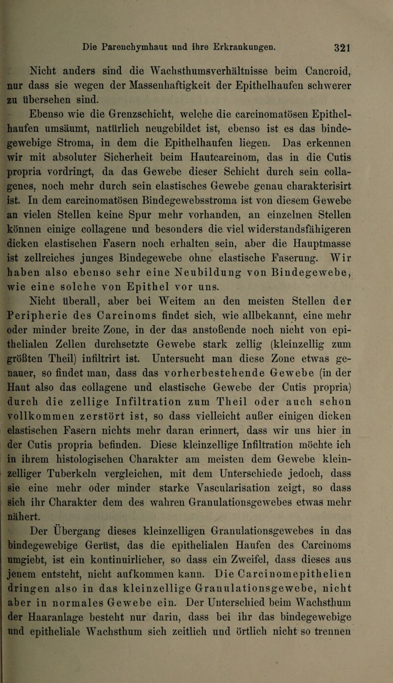 Nicbt anders sind die Wackstbumsverhaltnisse beim Cancroid, nur dass sie wegen der Massenbaftigkeit der Epithelhaufen schwerer zu iiberseben sind. Ebenso wie die Grenzscbicht, welcbe die carcinomatosen Epitbel- haufen umsaumt, natiirlicb neugebildet ist, ebenso ist es das binde- gewebige Stroma, in dem die Epitbelbaufen liegen. Das erkennen wir mit absoluter Sicberbeit beim Hautcarcinom, das in die Cutis propria vordringt, da das Gewebe dieser Scbicbt durcb sein colla- genes, nocb mehr durcb sein elastiscbes Gewebe genau charakterisirt ist. In dem carcinomatosen Bindegewebsstroma ist von diesem Gewebe an yielen Stellen keine Spur mebr yorbanden, an einzelnen Stellen konnen einige collagene und besonders die viel widerstandsfabigeren dicken elastiscben Fasern nocb erlialten sein, aber die Hauptmasse ist zellreicbes junges Bindegewebe obne elastiscbe Faserung. Wir haben also ebenso selir eine Neubildung von Bindegewebe, wie eine solcbe von Epitbel vor uns. Nicbt uberall, aber bei Weitem an den meisten Stellen der Peri phe rie des Carcinoms findet sich, wie allbekannt, eine mebr oder minder breite Zone, in der das anstoBende nocb nicbt von epi- tbelialen Zellen durcbsetzte Gewebe stark zellig (kleinzellig zum groBten Tbeil) infiltrirt ist. Untersucbt man diese Zone etwas ge- nauer, so findet man, dass das vorherbestebende Gewebe (in der Haut also das collagene und elastiscbe Gewebe der Cutis propria) durcb die zellige Infiltration zum Tbeil oder aucb scbon vollkommen zerstort ist, so dass vielleicbt auBer einigen dicken elastischen Fasern nicbts mebr daran erinnert, dass wir uns bier in der Cutis propria befinden. Diese kleinzellige Infiltration moclite icb in ibrem histologiscben Cbarakter am meisten dem Gewebe klein- zelliger Tuberkeln vergleicben, mit dem Unterscbiede jedocb, dass sie eine mebr oder minder starke Vascularisation zeigt, so dass sicb ibr Cbarakter dem des waliren Granulationsgewebes etwas mebr nabert. •• Der Ubergang dieses kleinzelligen Granulationsgewebes in das bindegewebige Geriist, das die epitbelialen Haufen des Carcinoms umgiebt, ist ein kontinuirlicber, so dass ein Zweifel, dass dieses aus jenem entstebt, nicbt aufkommen kann. Die Carcinomepitbelien dringen also in das kleinzellige Granulationsgewebe, nicbt aber in nor males Gewebe ein. Der Unterscbied beim Wacbsthum der Haaranlage bestebt nur darin, dass bei ibr das bindegewebige und epitlieliale Wacbstlium sicb zeitlicb und ortlicb nicbt so trennen