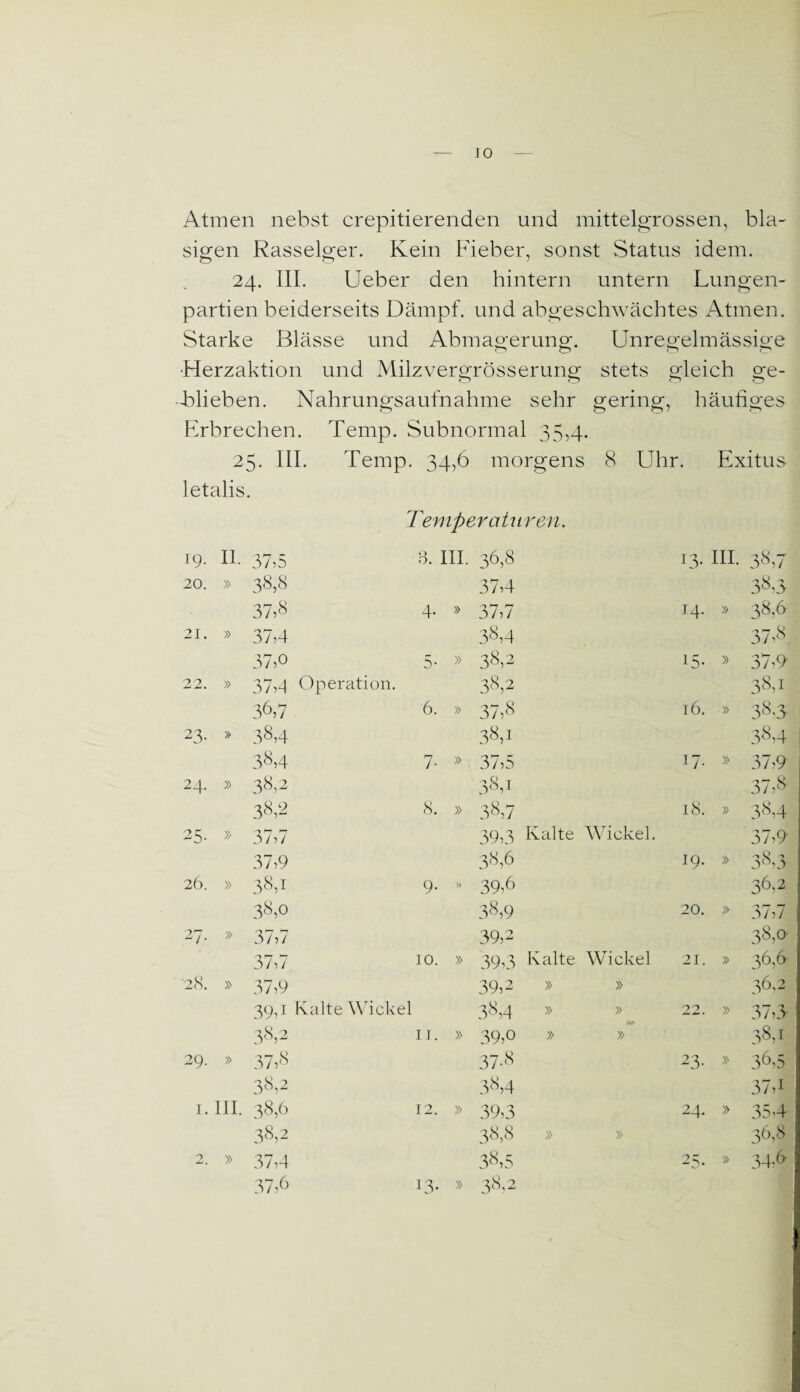 IO Atmen nebst crepitierenden und mittelgrossen, bla¬ sigen Rasseiger. Kein Fieber, sonst Status idem. 24. III. Ueber den hintern untern Lungen¬ partien beiderseits Dämpf, und abgeschwächtes Atmen. Starke Blässe und Abmagerung. Unregelmässige •Herzaktion und Milzvergrösserung stets gleich ge¬ blieben. Nahrungsaufnahme sehr gering, häufiges Erbrechen. Temp. Subnormal 35,4. 2 5. III. Temp. 34,6 morgens ; 8 Uhr. Exitus- letalis a Temperaturen. 19. 11. 37,5 3. III. 36,8 13. III. 38,7 20. » 38,8 37,4 38,3 37,8 4- » 37,7 H- » 38,6 21. » 37,4 38,4 37,8 37T 5* » 38,2 15* » 37,9 22. » 37,4 Operation. 38,2 384 36,7 6. » 37,8 16. » 38,3 23- » 38,4 38,1 38,4 38,4 7- » 37,5 17. » 37,9 24- » 38,2 38,1 37 M 38,2 8. » 38,7 18. » 38,4 25- » 37,7 39,3 Kalte Wickel. 37,9 37,9 38,6 19. » 3Ö,3 26. » 38,1 9- 39,6 36,2 38,0 38,9 20. » 37,7 27- » 3 /, / 39,2 38,0- 37,7 10. » 39,3 Kalte Wickel 21. » 36,6 28. » 37,9 39,2 » » 36,2 394 Kalte Wickel 38,4 » » 22. » 37,3 38,2 11. » 39,o » » 38,1 29. » 37,8 37-8 23- » 36,5 38,2 38,4 374 1. iii. 38,6 12. » 39,3 24. » 35,4 38,2 38,8 » » 36,8 2 » 37,4 38,5 25. » 34*6 37,6 13* » 38,2