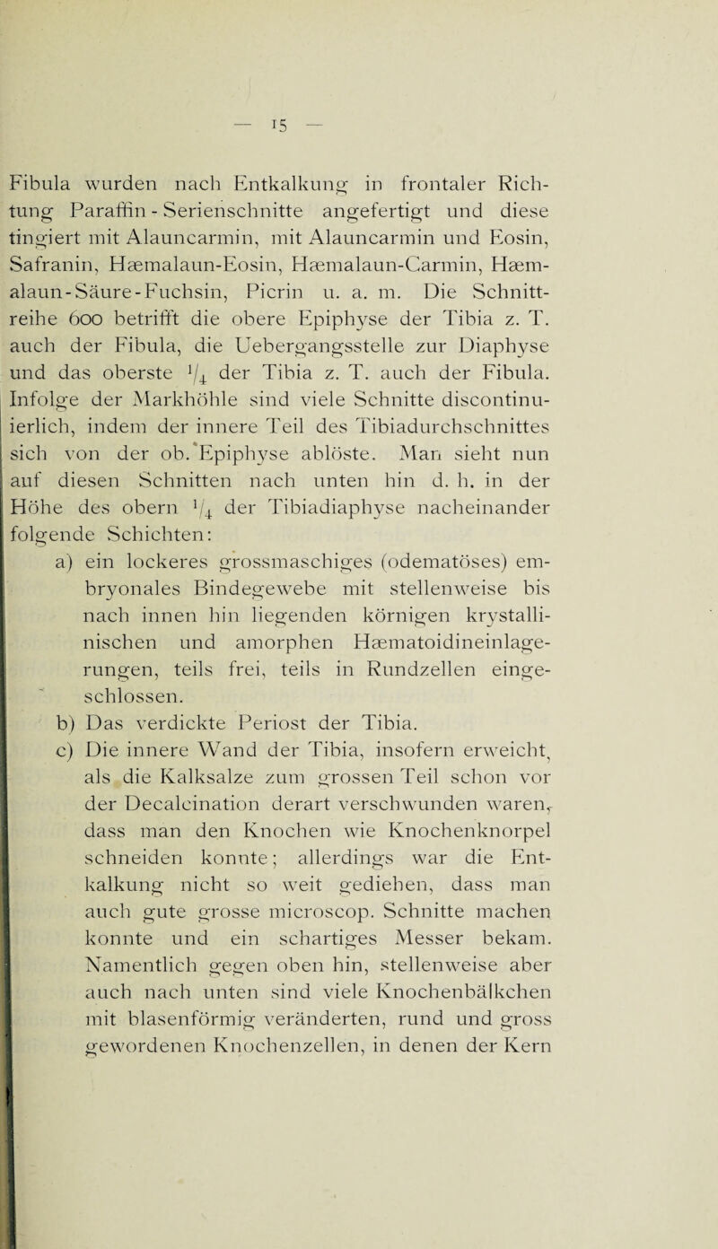 Fibula wurden nach Entkalkung in frontaler Rich¬ tung Paraffin - Serienschnitte angefertigt und diese tingiert mit Alauncarmin, mit Alauncarmin und Eosin, Safranin, Haemalaun-Eosin, Haemalaun-Carmin, Haem- alaun- Säure -Fuchsin, Picrin u. a. m. Die Schnitt¬ reihe 600 betrifft die obere Epiphyse der Tibia z. T. auch der Fibula, die Uebergangsstelle zur Diaphyse und das oberste !/4 der Tibia z. T. auch der Fibula. Infolge der Markhöhle sind viele Schnitte discontinu- ierlich, indem der innere Teil des Tibiadurchschnittes sich von der ob. Epiphyse ablöste. Man sieht nun I auf diesen Schnitten nach unten hin d. h. in der Höhe des obern ]/4 der Tibiadiaphyse nacheinander folgende Schichten: a) ein lockeres grossmaschiges (odematöses) em- brvonales Bindegewebe mit stellenweise bis nach innen hin liegenden körnigen krystalli- nischen und amorphen Haematoidineinlage- rungen, teils frei, teils in Rundzellen einge¬ schlossen. b) Das verdickte Periost der Tibia. c) Die innere Wand der Tibia, insofern erweicht, als die Kalksalze zum grossen Teil schon vor der Decalcination derart verschwunden warenf dass man den Knochen wie Knochenknorpel schneiden konnte; allerdings war die Ent¬ kalkung nicht so weit gediehen, dass man auch gute grosse microscop. Schnitte machen konnte und ein schartiges Messer bekam. Namentlich gegen oben hin, stellenweise aber auch nach unten sind viele Ivnochenbälkchen mit blasenförmig veränderten, rund und gross gewordenen Knochenzellen, in denen der Kern