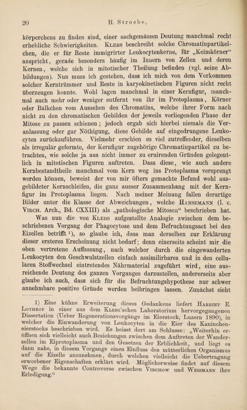 körperchens zu finden sind, einer sachgemässen Deutung manchmal recht erhebliche Schwierigkeiten. Klebs beschreibt solche Chromatinpartikel¬ chen, die er für Reste immigrirter Leukocytenkerne, für „Keimkörner“ anspricht, gerade besonders häufig im Innern von Zellen und deren Kernen, welche sich in mitotischer Theilung befinden (vgl. seine Ab¬ bildungen). Nun muss ich gestehen, dass ich mich von dem Vorkommen solcher Kerntrümmer und Reste in karyokinetischen Figuren nicht recht überzeugen konnte. Wohl lagen manchmal in einer Kernfigur, manch¬ mal auch mehr oder weniger entfernt von ihr im Protoplasma, Körner oder Bälkchen vom Aussehen des Chromatins, welche ihrer Form nach nicht zu den chromatischen Gebilden der jeweils vorliegenden Phase der Mitose zu passen schienen ; jedoch ergab sich hierbei niemals die Ver¬ anlassung oder gar Nöthigung, diese Gebilde auf eingedrungene Leuko- cyten zurückzuführen. Vielmehr erschien es viel zutreffender, dieselben als irregulär geformte, der Kernfigur zugehörige Chromatinpartikel zu be¬ trachten, wie solche ja aus nicht immer zu eruirenden Gründen gelegent¬ lich in mitotischen Figuren auftreten. Dass diese, wie auch andere Kernbestandtheile manchmal vom Kern weg ins Protoplasma versprengt werden können, beweist der von mir öfters gemachte Befund wohl aus¬ gebildeter Kernschleifen, die ganz ausser Zusammenhang mit der Kern¬ figur im Protoplasma liegen. Nach meiner Meinung fallen derartige Bilder unter die Klasse der Abweichungen, welche Hansemann (1. c. Virch. Arch., Bd. CXXIII) als „pathologische Mitosen“ beschrieben hat. Was nun die von Klebs aufgestellte Analogie zwischen dem be¬ schriebenen Vorgang der Phagocytose und dem Befruchtungsact bei den Eizellen betrifft*), so glaube ich, dass man derselben zur Erklärung dieser ersteren Erscheinung nicht bedarf; denn einerseits scheint mir die oben vertretene Auffassung, nach welcher durch die eingewanderten Leukocyten den Geschwulstzellen einfach assimilirbares und in den cellu- lären Stoffwechsel eintretendes Nährmaterial zugeführt wird, eine aus¬ reichende Deutung des ganzen Vorganges darzustellen, andererseits aber glaube ich auch, dass sich für die Befruchtungshypothese nur schwer annehmbare positive Gründe werden beibringen lassen. Zunächst sieht 1) Eine kühne Erweiterung dieses Gedankens liefert Harriet E. Lothrop in einer ans dem KnEBs^schen Laboratorium hervorgegangenen Dissertation (Ueber Regenerationsvorgänge im Eierstock, Lnzern 1890), in welcher die Einwanderung von Leukocyten in die Eier des Kaninchen¬ eierstocks beschrieben wird. .Es heisst dort am Schlüsse: „Weiterhin er¬ öffnen sich vielleicht auch Beziehungen zwischen dem Auftreten der ander¬ zellen im Eiprotoplasma und den Gesetzen der Erblichkeit, und liegt es dann nahe, in diesem Vorgänge einen Einfluss des mütterlichen Organismus auf die Eizelle anzunehmen, durch welchen vielleicht die Uebertragung erworbener Eigenschaften erklärt wird. Möglicherweise findet auf diesem Wege die bekannte Controverse zwischen Virchow und Weismann ihre Erledigung.“