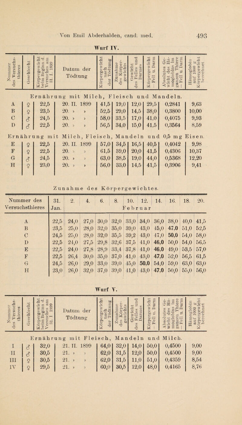 Wurf IT. Nummer des Versuchs- i thieres Geschlecht Körpergewicht beim Beginn d. Versuches am 31. I. 1899 Datum der Tödtung Körpergewicht nach der Tödtung Zunahme des Körper¬ gewichts Gewicht des Felles und Darmes Körpergewicht -- Fell u. Darm Absolutes Ge¬ wicht des Hä¬ moglobins im ganzen Thiere — Fell u Darm Ernähr ung mit Milch, Fleisch und Mandeln. A $ 22,5 20. II. 1899 41,5 19,0 12,0 29,5 0,2841 B 9 23,5 20. » » 52,5 29,0 14,5 38,0 0,3800 0 6 24,5 20. » » 58,0 33,5 17,0 41,0 0,4075 D S 22,5 20. 2> 2> 56,5 34,0 15,0 41,5 0,3564 -4-3 © fl •g &C © fl O O r—H <^> bn o o t-1 d =3 3 fl ö CD ^ bl o Sh o 0) £ :C \s 9,63 10,00 9,93 8,59 Ernährung mit Milch, Fleisch, Mandeln und E $ 22,5 20. II. 1899 57,0 34,5 16,5 40,5 0,4042 F 9 22,5 20. » » 61,5 39,0 20,0 41,5 0,4306 Gr ö 24,5 20. » » 63,0 38,5 19,0 44,0 0,5368 H 9 23,0 20. » > 56,0 33,0 14,5 41,5 0,3906 0,5 mg Eisen. 9,98 10,37 12,20 9,41 Zunahme des Körpergewichtes. Nummer des 31. 2. 4. 6. 8- 10. 12. 14. 16. 18. 20. V ersuchsthieres Jan. | 3 i’ebruar A 22,5 24,0 27,0 30,0 32,0 33,0 34,0 36,0 38,0 40,0 41,5 B 23,5 25,0 28,0 32,0 35,0 39,0 43,0 45,0 47,0 51,0 52,5 C 24,5 25,0 28,0 32,0 35,5 39,2 43,0 47,0 50,0 54,0 58,0 D 22,5 24,0 27,5 29,8 32,6 37,5 41,0 46,0 50,0 54,0 56,5 E 22,5 24,0 27,8 28,9 33,4 37,8 41,0 46,0 49,0 53,5 57,0 F 22,5 26,4 30,0 35,0 37,0 41,0 43,0 47,0 52,0 56,5 61,5 G 24,5 26,0 29,0 33,0 39,0 45,0 50,0 54,0 59,0 63,0 63,0 H 23,0 26,0 32,0 37,0 39,0 41,0 43,0 47,0 50,0 55,0 56,0 Wurf V. CD 3 3 fl 3 m ö 2 3 .2 > fl 4-3 Z/1 CD o CD F—H fl © M © o flfl .2 ö £.3 ® öo t>0 CD £ fl g-a o d Ci Ci CG GO <D rH fl . ü Hi üQ S-H © co Datum der Tödtung a © © ■ bß © P. :S © &C r^ -4-3 TS 3 ö fl Sh © ■d © S Dü d CHdl fl:g © gflV H ^ co A rr © .2 © 3 fl © ci fl © bc d S-< Q ^ Cl, © H-i [je- O ^ M © :C3 OM zn zn CD 0) o fl So fl pp 3 £ 2 fl © H • rH 03 x; Cl an d c-s — d 3 o 2m —i © i—i b/j 2 ® O 2 fl 3 So I O O r-H O bjoo O rH f- Ah :ci £ fl 03 bjo © •d © £ © © rH bc c © S ©J qj Hh Jd :C ^ Ernährung mit Fleisch, Mandeln und Milch. I s 32,0 21. II. 1899 64,0 32,0 14,0 50,0 0,4500 II 30,5 21. » 62,0 31,5 12,0 50,0 0,4500 III 9 30,5 21. > 62,0 31,5 11,0 51,0 0,4359 IV 9 29,5 21. * » 60,0 30,5 12,0 48,0 0,4165 9,00 9,00 8,54 8,76