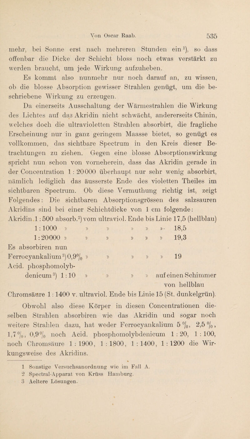 mehr, bei Sonne erst nach mehreren Stunden ein1 2), so dass offenbar die Dicke der Schicht bloss noch etwas verstärkt zu werden braucht, um jede Wirkung aufzuheben. Es kommt also nunmehr nur noch darauf an, zu wissen, ob die blosse Absorption gewisser Strahlen genügt, um die be¬ schriebene Wirkung zu erzeugen. Da einerseits Ausschaltung der Wärmestrahlen die Wirkung des Lichtes auf das Akridin nicht schwächt, andererseits Chinin, welches doch die ultravioletten Strahlen absorbirt, die fragliche Erscheinung nur in ganz geringem Maasse bietet, so genügt es vollkommen, das sichtbare Spectrum in den Kreis dieser Be¬ trachtungen zu ziehen. Gegen eine blosse Absorptionswirkung spricht nun schon von vorneherein, dass das Akridin gerade in der Concentration 1 : 20000 überhaupt nur sehr wenig absorbirt, nämlich lediglich das äusserste Ende des violetten Theiles im sichtbaren Spectrum. Ob diese Vermuthung richtig ist, zeigt Folgendes: Die sichtbaren Absorptionsgrössen des salzsauren Akridins sind bei einer Schichtdicke von 1 cm folgende : Akridin 1:500 absorb.2) vom ultraviol. Ende bis Linie 17,5 (hellblau) 1:1000 » » » » » »- 18,5 1:20000 » Es absorbiren nun » » » » » 19,3 Ferrocyankalium3) 0,9°/0 Acid. phosphomolyb¬ » » » » » 19 denicum8) 1:10 » » » » auf einen Schimmer von hellblau Chromsäure 1:1400 v. ultraviol. Ende bis Linie 15 (St. dunkelgrün). Obwohl also diese Körper in diesen Concentrationen die¬ selben Strahlen absorbiren wie das Akridin und sogar noch weitere Strahlen dazu, hat weder Ferrocyankalium 5 °/0, 2,5 °/0, 1,7 °/0, 0,9°/0 noch Acid. phosphomolybdenicum 1:20, 1:100, noch Chromsäure 1 : 1900, 1 : 1800, 1 : 1400, 1 : 1200 die Wir¬ kungsweise des Akridins. 1 Sonstige Versuchsanordnung wie im Fall A. 2 Spectral-Apparat von Krüss Hamburg. 3 Aeltere Lösungen.