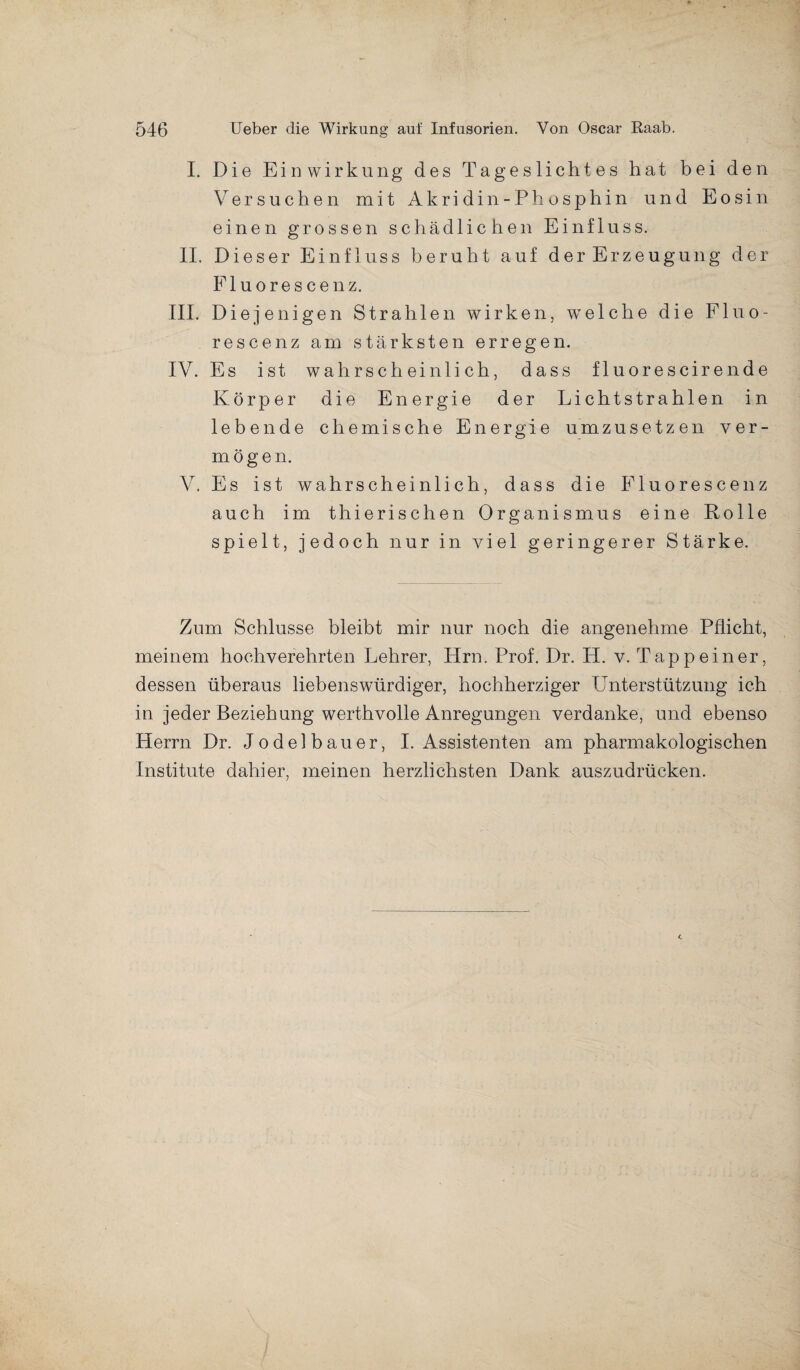 I. Die Einwirkung des Tageslichtes hat bei den Versuchen mit Akridin- Phosphin und Eosin einen grossen schädlichen Einfluss. II. Dieser Einfluss beruht auf der Erzeugung der Fluorescenz. III. Diejenigen Strahlen wirken, wTeiche die Fluo¬ rescenz am stärksten erregen. IV. Es ist wahrscheinlich, dass fluorescirende Körper die Energie der Lichtstrahlen in lebende chemische Energie umzusetzen ver¬ mögen. V. Es ist wahrscheinlich, dass die Fluorescenz auch im thierischen Organismus eine Rolle spielt, jedoch nur in viel geringerer Stärke. Zum Schlüsse bleibt mir nur noch die angenehme Pflicht, meinem hochverehrten Lehrer, Hrn. Prof. Dr. H. v. Tapp ein er, dessen überaus liebenswürdiger, hochherziger Unterstützung ich in jeder Beziehung werthvolle Anregungen verdanke, und ebenso Herrn Dr. Jodelbauer, I. Assistenten am pharmakologischen Institute dahier, meinen herzlichsten Dank auszudrücken.