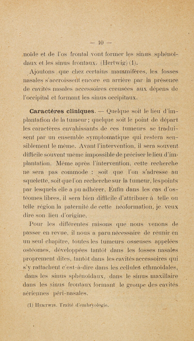 noïde et de l’os frontal vont former les sinus sphénoï¬ daux et les sinus frontaux. (Herhvig) (1), Ajoutons que chez certains mammifères, les fosses nasales s’accroissent encore en arrière par la présence de cavités nasales accessoires creusées aux dépens de l’occipital et formant les sinus occipitaux. Caractères cliniques. — Quelque soit le lieu d’im¬ plantation de la tumeur; quelque soit le point de départ les caractères envahissants de ces tumeurs se tradui- \ sent par un ensemble symptomatique qui restera sen¬ siblement le même. Avant l’intervention, il sera souvent difficile souvent même impossible de préciser le lieu d’im¬ plantation. Même après l’intervention, cette recherche ne sera pas commode : soit que l’on s'adresse au \ squelette, soit que l’on recherche sur la tumeur, les points par lesquels elle a pu adhérer. Enfin dans les cas d’os- téomes libres, il sera bien difficile d’attribuer à telle ou telle région la paternité de cette néoformation, je veux dire son lien d’origine. Pour les différentes raisons que nous venons de passer en revue, il nous a paru nécessaire de réunir en un seul chapitre, toutes les tumeurs osseuses appelées ostéomes, développées tantôt dans les fosses nasales proprement dites, tantôt dans les cavités accessoires qui s’v rattachent c’est-à-dire dans les cellules ethmoïdales, •j • dans les sinus sphénoïdaux, dans le sinus maxillaire dans les sinus frontaux formant le groupe des cavités aériennes péri-nasales. (1) Hertwir. Traité d’embryologie.