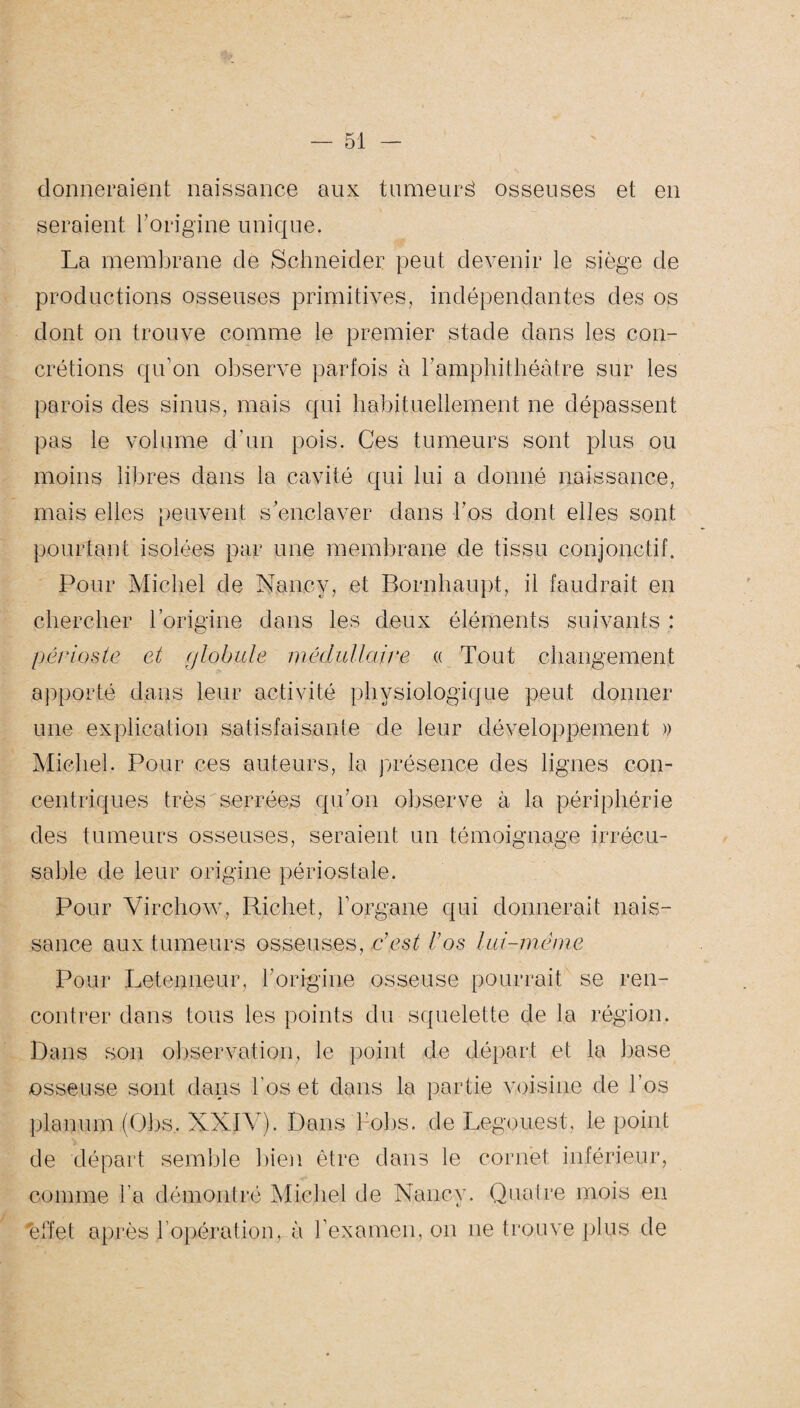 donneraient naissance aux tumeurë osseuses et en seraient l’origine unique. La membrane de Schneider peut devenir le siège de productions osseuses primitives, indépendantes des os dont on trouve comme le premier stade dans les con¬ crétions qu’on observe parfois à b amphithéâtre sur les parois des sinus, mais qui habituellement ne dépassent pas le volume d’un pois. Ces tumeurs sont plus ou moins libres dans la cavité qui lui a donné naissance, mais elles peuvent s'enclaver dans l'os dont elles sont pourtant isolées par une membrane de tissu conjonctif. Pour Michel de Nancy, et Bornhaupt, il faudrait en chercher l’origine dans les deux éléments suivants : périoste et globule médullaire « Tout changement apporté dans leur activité physiologique peut donner une explication satisfaisante de leur développement » Michel. Pour ces auteurs, la présence des lignes con¬ centriques très serrées qu’on observe à la périphérie des tumeurs osseuses, seraient un témoignage irrécu¬ sable de leur origine péri os taie. Pour Virchow, Richet, l’organe qui donnerait nais¬ sance aux tumeurs osseuses, c’est l’os lui-même Pour Letenneur, l’origine osseuse pourrait se ren¬ contrer dans tous les points du squelette de la région. Dans son observation, le point de départ et la base osseuse sont dans l’os et dans la partie voisine de l’os plénum (Obs, XXIV). Dans bobs, de Legouest, le point de départ semble bien être dans le cornet inférieur, comme l’a démontré Michel de Nancy. Quatre mois en effet après l’opération, à l’examen, on ne trouve plus de