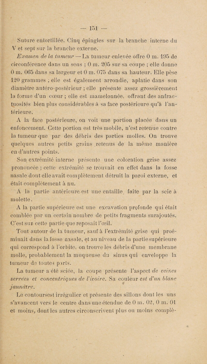 Suture entortillée. Cinq épingles sur la branche interne du V et sept sur la branche externe. Examen de la tumeur—'La tumeur enlevée ofïre 0 m. 195 de circonférence dans un sens ; 0 m. 205 sur sa coupe ; elle donne 0 m. 065 dans sa largeur et 0 m. 075 dans sa hauteur. Elle pèse 120 grammes ; elle est également arrondie, aplatie dans son diamètre antéro-postérieur ; elle présente assez grossièrement la forme d’un coeur ; elle est mamelonnée, offrant des anfrac¬ tuosités bien plus considérables â sa face postérieure qu’à l’an¬ térieure. A la face postérieure, on voit une portion placée dans un enfoncement. Cette portion est très mobile, n’est retenue contre la tumeur que par des débris des parties molles. On trouve quelques autres petits grains retenus de la même manière en d’autres points. Son extrémité interne présente une coloration grise assez prononcée ; cette extrémité se trouvait en effet dans la fosse nasale dont elle avait complètement détruit la paroi externe, et était complètement à nu. A la partie antérieure.est une entaille, faite par la scie à molette. A la partie supérieure est une excavation profonde qui était comblée par un certain nombre de petits fragments surajoutés. C’est sur cette partie que reposait l’œil. Tout autour de la tumeur, sauf à l’extrémité grise qui proé- minait dans lafosse nasale, et au niveau de la partiesupérieure qui correspond à l’orbite, on trouve les débris d’une membrane molle, probablement la muqueuse du sinus qui enveloppe la tumeur de toutes parts. La tumeur a été sciée, la coupe présente l’aspect de veines serrées et concentriques de Vivoire. Sa couleur est d'un blanc jaunâtre. Le contoursest irrégulier et présente des sillons dont les uns s’avancent vers le centre dans une étendue de 0 m. 02, 0 m. 01 et moins, dont les autres circonscrivent plus ou moins compté-