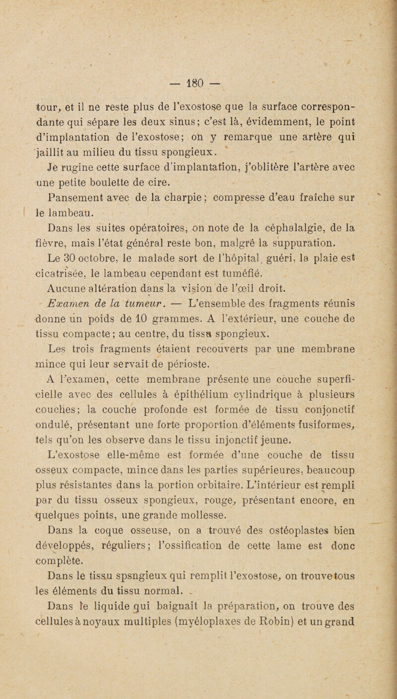 tour,, et il ne reste plus de l'exostose que la surface correspon¬ dante qui sépare les deux sinus; c’est là, évidemment, le point d’implantation de l’exostose; on y remarque une artère qui jaillit au milieu du tissu spongieux. Je rugine cette surface d’implantation, j’oblitère l’artère avec une petite boulette de cire. Pansement avec de la charpie ; compresse d’eau fraîche sur le lambeau. Dans les suites opératoires, on note de la céphalalgie, de la fièvre, mais l’état général reste bon, malgré la suppuration. Le 30 octobre, le malade sort de l’hôpital, guéri, la plaie est cicatrisée, le lambeau cependant est tuméfié. Aucune altération dans la vision de l’oeil droit. « Examen de la tumeur. — L’ensemble des fragments réunis donne un poids de 10 grammes. A l’extérieur, une couche de tissu compacte ; au centre, du tissu spongieux. Les trois fragments étaient recouverts par une membrane mince qui leur servait de périoste. A l’examen, cette membrane présente une couche superfi¬ cielle avec des cellules à épithélium cylindrique à plusieurs couches; la couche profonde est formée de tissu conjonctif ondulé, présentant une forte proportion d’éléments fusiformes, tels qu’on les observe dans le tissu injonctif jeune. L’exostose elle-même est formée d’une couche de tissu osseux compacte, mince dans les parties supérieures, beaucoup plus résistantes dans la portion orbitaire. L’intérieur est rempli par du tissu osseux spongieux, rouge, présentant encore, en quelques points, une grande mollesse. Dans la coque osseuse, on a trouvé des ostéoplastes bien développés, réguliers ; l’ossification de cette lame est donc complète. Dans le tiss u spsngieuxqui remplit l’exostose, on trouve tous les éléments du tissu normal. Dans le liquide qui baignait la préparation, on trouve des cellules à noyaux multiples (myéloplaxes de Robin) et un grand