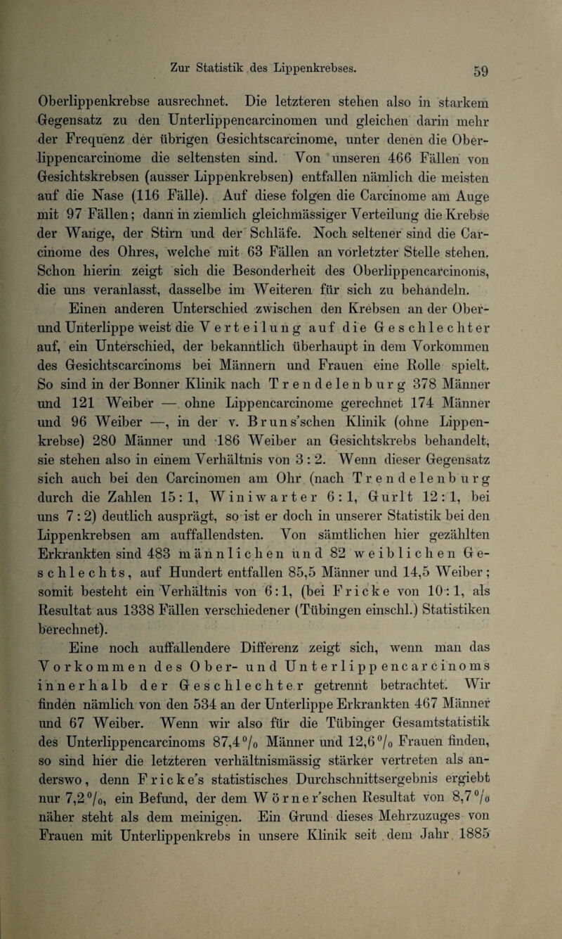 Oberlippenkrebse ausrechnet. Die letzteren stehen also in starkem Gegensatz zu den Unterlippencarcinomen und gleichen darin mehr der Frequenz der übrigen Gesichtscarcinome, unter denen die Ober- lippencarcinome die seltensten sind. Von unseren 466 Fällen von Gesichtskrebsen (ausser Lippenkrebsen) entfallen nämlich die meisten auf die Nase (116 Fälle). Auf diese folgen die Carcinome am Auge mit 97 Fällen; dann in ziemlich gleichmässiger Verteilung die Krebse der Wange, der Stirn und der Schläfe. Noch seltener sind die Car¬ cinome des Ohres, welche mit 63 Fällen an vorletzter Stelle stehen. Schon hierin zeigt sich die Besonderheit des Oberlippencarcinoms, die uns veranlasst, dasselbe im Weiteren für sich zu behandeln. Einen anderen Unterschied zwischen den Krebsen an der Ober¬ und Unterlippe weist die Verteilung auf die Geschlechter auf, ein Unterschied, der bekanntlich überhaupt in dem Vorkommen des Gesichtscarcinoms bei Männern und Frauen eine Rolle spielt. So sind in der Bonner Klinik nach Trendelenburg 378 Männer und 121 Weiber — ohne Lippencarcinome gerechnet 174 Männer und 96 Weiber —, in der v. Bruns’schen Klinik (ohne Lippen¬ krebse) 280 Männer und 186 Weiber an Gesichtskrebs behandelt, sie stehen also in einem Verhältnis von 3 : 2. Wenn dieser Gegensatz sich auch bei den Carcinomen am Ohr (nach Tr endelenb u r g durch die Zahlen 15:1, Winiwarter 6:1, Gurlt 12:1, bei uns 7 : 2) deutlich ausprägt, so ist er doch in unserer Statistik bei den Lippenkrebsen am auffallendsten. Von sämtlichen hier gezählten Erkrankten sind 483 männlichen u nd 82 weiblichen G e- schlechts, auf Hundert entfallen 85,5 Männer und 14,5 Weiber; somit besteht ein Verhältnis von 6:1, (bei Fr icke von 10:1, als Resultat aus 1338 Fällen verschiedener (Tübingen einschl.) Statistiken berechnet). Eine noch auffallendere Differenz zeigt sich, wenn man das Vorkommen des Ober- und Unterlippencarcinoms innerhalb der Geschlechter getrennt betrachtet. Wir finden nämlich von den 534 an der Unterlippe Erkrankten 467 Männer und 67 Weiber. Wenn wir also für die Tübinger Gesamtstatistik des Unterlippencarcinoms 87,4 °/0 Männer und 12,6 °/0 Frauen finden, so sind hier die letzteren verhältnismässig stärker vertreten als an¬ derswo , denn F r i c k e’s statistisches Durchschnittsergebnis ergiebt nur 7,2 °/0, ein Befund, der dem W ö r n e Eschen Resultat von 8,7 % näher steht als dem meinigen. Ein Grund dieses Mehrzuzuges von Frauen mit Unterlippenkrebs in unsere Klinik seit dem Jahr 1885