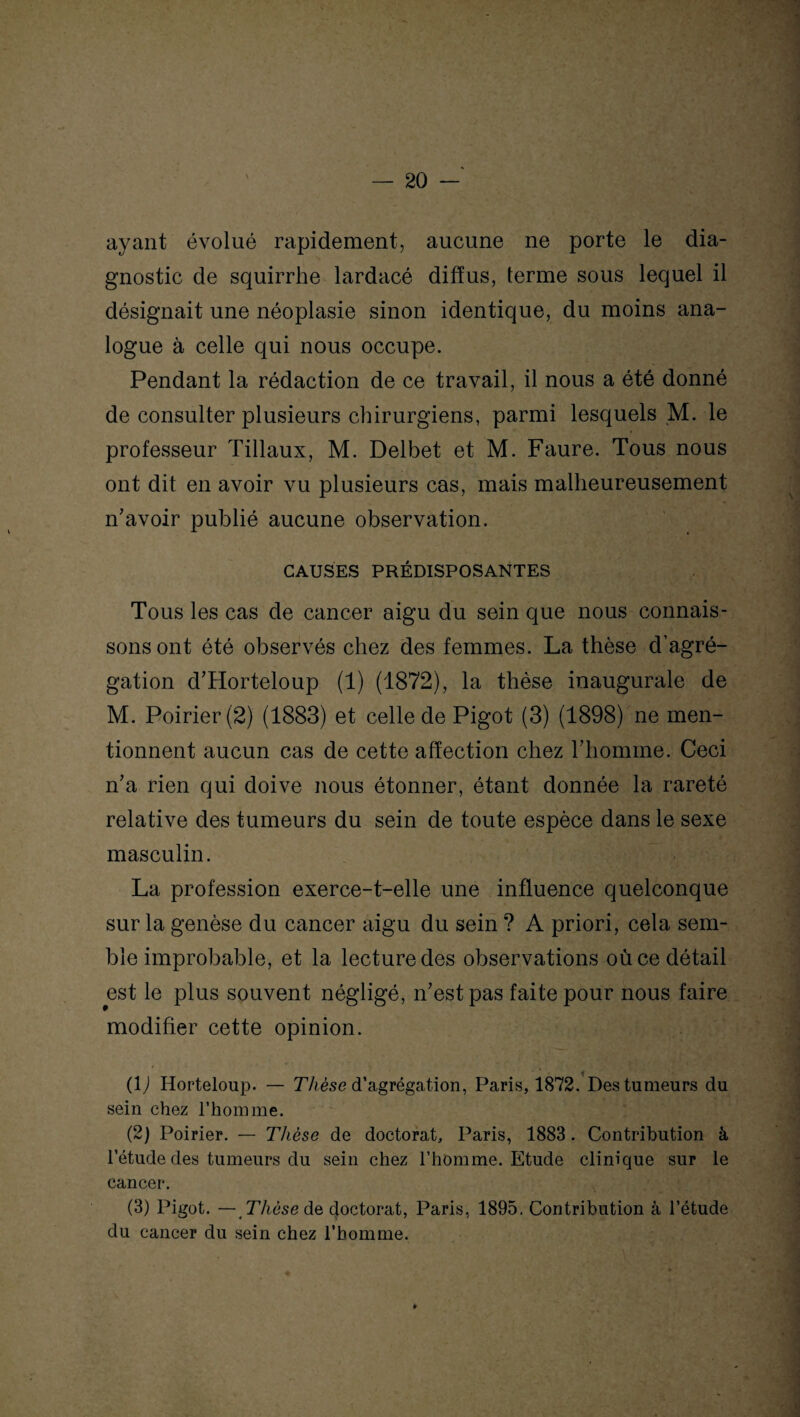 ayant évolué rapidement, aucune ne porte le dia¬ gnostic de squirrhe lardacé diffus, terme sous lequel il désignait une néoplasie sinon identique, du moins ana¬ logue à celle qui nous occupe. Pendant la rédaction de ce travail, il nous a été donné de consulter plusieurs chirurgiens, parmi lesquels M. le professeur Tillaux, M. Delbet et M. Faure. Tous nous ont dit en avoir vu plusieurs cas, mais malheureusement n'avoir publié aucune observation. CAUSES PRÉDISPOSANTES Tous les cas de cancer aigu du sein que nous connais¬ sons ont été observés chez des femmes. La thèse d’agré¬ gation d'Horteloup (1) (1872), la thèse inaugurale de M. Poirier (2) (1883) et celle de Pigot (3) (1898) ne men¬ tionnent aucun cas de cette affection chez l'homme. Ceci n'a rien qui doive nous étonner, étant donnée la rareté relative des tumeurs du sein de toute espèce dans le sexe masculin. La profession exerce-t-elle une influence quelconque sur la genèse du cancer aigu du sein ? A priori, cela sem¬ ble improbable, et la lecture des observations où ce détail est le plus souvent négligé, n'est pas faite pour nous faire modifier cette opinion. (1) Horteloup. — Thèse d’agrégation, Paris, 1872. Des tumeurs du sein chez l’homme. (2) Poirier. — Thèse de doctorat, Paris, 1883. Contribution à l’étude des tumeurs du sein chez l’homme. Etude clinique sur le cancer. (3) Pigot. — Thèse de doctorat, Paris, 1895, Contribution à l’étude du cancer du sein chez l’homme. »