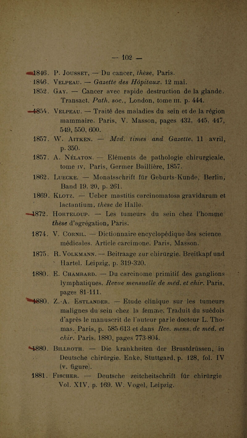 — 102 — «üsl846. P. Jousset, — Du cancer, thèse, Paris. 1846. Velpeau. — Gazette des Hôpitaux, 12 mai. 1852. Gay. — Cancer avec rapide destruction de la glande. Transact. Path. soc., London, tome ni. p. 444. —4854. Velpeau. — Traité des maladies du sein et de la région mammaire. Paris, V. Masson, pages 432, 445, 447, 549, 550, 600. 1857. W. Aitken. — Med. times and Gazette, 11 avril, p. 350. 1857. A. Nélaton. — Eléments de pathologie chirurgicale, tome iv, Paris, Germer Baillière, 1857. 1862. Luecke. — Monatsschrift für Geburts-Kunde, Berlin, Band 19. 20, p. 261. 1869. Klotz. — Ueber mastitis carcinomatosa gravidarum et lactantium, thèse de Halle. -~4872. Horteloup. — Les tumeurs du sein chez l’homme thèse d’agrégation, Paris. 1874. V. Cornil. —Dictionnaire encyclopédique des science médicales. Article carcimone. Paris, Masson. 1875. R. Volkmann. — Beitraage zur chirürgie. Breitkapf und ' Ilartel. Leipzig, p. 319-320. 1880. E. Chambard. — Du carcinome primitif des ganglions lymphatiques. Revue mensuelle de méd. et chir. Paris, pages 81-111. *•4880. Z.-A. Estlander. — Etude clinique sur les tumeurs malignes du sein chez la femme. Traduit du suédois d’après le manuscrit de l'auteur parle docteur L. Tho¬ mas. Paris, p. 585-613 et dans Rev. mens, de méd. et chir. l^aris, 1880, pages 773-804. •*4880. Billroth. — Die krankheiten der Brustdrüssen, in Deutsche chirürgie. Enke, Stuttgard, p. 128, fol. IV (v. figure). 1881. Fischer. — Deutsche zeitcheitschrift für chirürgie Vol. XIV, p. 169. W. Vogel, Leipzig.