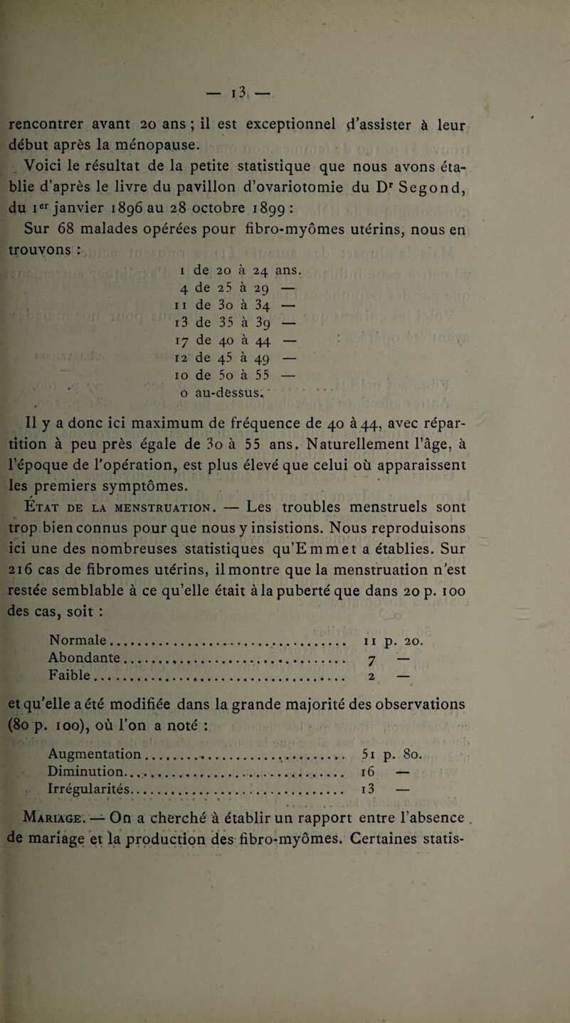 début après la ménopause. Voici le résultat de la petite statistique que nous avons éta¬ blie d’après le livre du pavillon d’ovariotomie du Dr Segond, du Ier janvier 1896 au 28 octobre 1899 : Sur 68 malades opérées pour fibro-myômes utérins, nous en trouvons : i de 20 à 24 ans. 4 de 25 à 29 — 11 de 3o à 34 — i3 de 35 à 39 — 17 de 40 à 44 — 12 de 45 à 49 — 10 de 5o à 55 — o au-dessus. Il y a donc ici maximum de fréquence de 40 444, avec répar¬ tition à peu près égale de 3o à 55 ans. Naturellement l’âge, à l’époque de l’opération, est plus élevé que celui où apparaissent les premiers symptômes. / Etat de la menstruation. — Les troubles menstruels sont trop bien connus pour que nous y insistions. Nous reproduisons ici une des nombreuses statistiques qu’Emmet a établies. Sur 216 cas de fibromes utérins, il montre que la menstruation n’est restée semblable à ce qu’elle était à la puberté que dans 20 p. 100 des cas, soit : ; 1 Normale.».. 11 p. 20. Abondante.......... 7 — Faible... 2 — et qu’elle a été modifiée dans la grande majorité des observations (80 p. 100), où l’on a noté : Augmentation. 5i p. 80. Diminution. 16 — Irrégularités. i3 — Mariage. — On a cherché à établir un rapport entre l’absence de mariage et la production des fibro-myômes. Certaines statis-