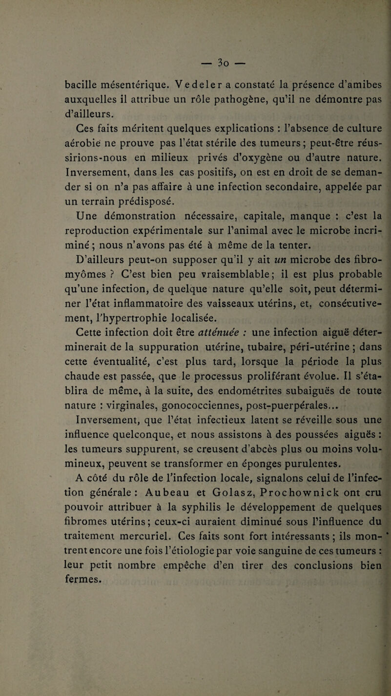 bacille mésentérique. Vedeler a constaté la présence d’amibes auxquelles il attribue un rôle pathogène, qu’il ne démontre pas d’ailleurs. Ces faits méritent quelques explications : l’absence de culture aérobie ne prouve pas l’état stérile des tumeurs ; peut-être réus¬ sirions-nous en milieux privés d’oxygène ou d’autre nature. Inversement, dans les cas positifs, on est en droit de se deman¬ der si on n’a pas affaire à une infection secondaire, appelée par un terrain prédisposé. Une démonstration nécessaire, capitale, manque : c’est la reproduction expérimentale sur l’animal avec le microbe incri¬ miné ; nous n’avons pas été à même de la tenter. D’ailleurs peut-on supposer qu’il y ait un microbe des fibro¬ myomes ? C’est bien peu vraisemblable; il est plus probable qu’une infection, de quelque nature qu’elle soit, peut détermi¬ ner l’état inflammatoire des vaisseaux utérins, et, consécutive¬ ment, l'hypertrophie localisée. Cette infection doit être atténuée : une infection aiguë déter¬ minerait de la suppuration utérine, tubaire, péri-utérine ; dans cette éventualité, c’est plus tard, lorsque la période la plus chaude est passée, que le processus proliférant évolue. Il s’éta¬ blira de même, à la suite, des endométrites subaiguës de toute nature : virginales, gonococciennes, post-puerpérales... Inversement, que l’état infectieux latent se réveille sous une influence quelconque, et nous assistons à des poussées aiguës : les tumeurs suppurent, se creusent d’abcès plus ou moins volu¬ mineux, peuvent se transformer en éponges purulentes. A côté du rôle de l’infection locale, signalons celui de l’infec¬ tion générale: Aubeau et Golasz, Prochownick ont cru pouvoir attribuer à la syphilis le développement de quelques fibromes utérins; ceux-ci auraient diminué sous l’influence du traitement mercuriel. Ces faits sont fort intéressants ; ils mon- * trent encore une fois l’étiologie par voie sanguine de ces tumeurs : leur petit nombre empêche d’en tirer des conclusions bien fermes.