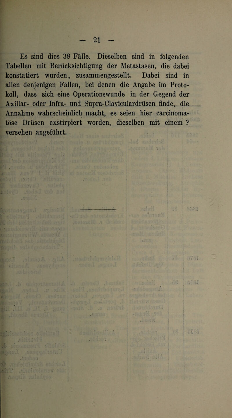 Es sind dies 38 Fälle. Dieselben sind in folgenden Tabellen mit Berücksichtigung der Metastasen, die dabei konstatiert wurden, zusammengestellt. Dabei sind in allen denjenigen Fällen, bei denen die Angabe im Proto¬ koll, dass sich eine Operationswunde in der Gegend der Axillar- oder Infra- und Supra-Claviculardrüsen finde, die Annahme wahrscheinlich macht, es seien hier carcinoma- töse Drüsen exstirpiert worden, dieselben mit einem ? versehen angeführt. • f * f H I i ! i i i