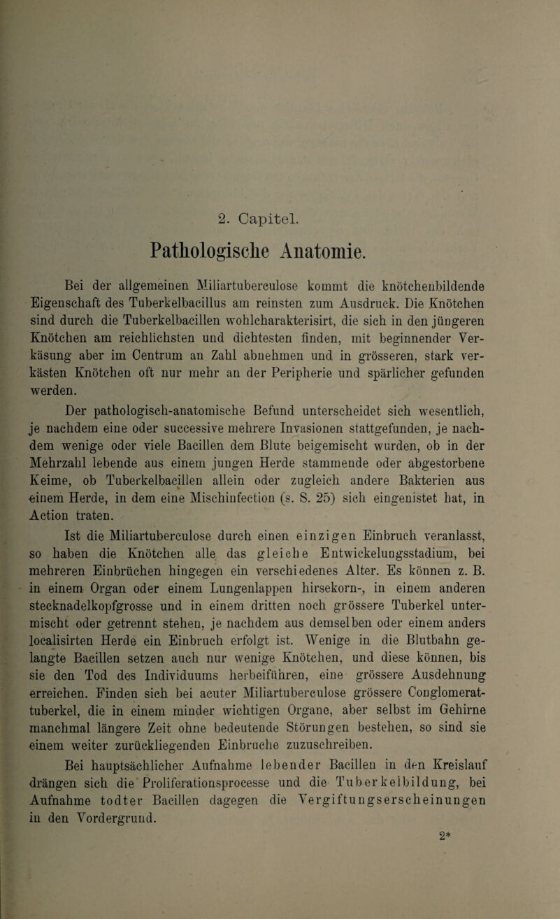 2. Capitel. Pathologische Anatomie. Bei der allgemeinen Miliartubereulose kommt die knötchenbildende Eigenschaft des Tuberkelbacillus am reinsten zum Ausdruck. Die Knötchen sind durch die Tuberkelbacillen wohlcharakterisirt, die sich in den jüngeren Knötchen am reichlichsten und dichtesten finden, mit beginnender Ver¬ käsung aber im Centrum an Zahl abnehmen und in grösseren, stark ver¬ kästen Knötchen oft nur mehr an der Peripherie und spärlicher gefunden werden. Der pathologisch-anatomische Befund unterscheidet sich wesentlich, je nachdem eine oder successive mehrere Invasionen stattgefunden, je nach¬ dem wenige oder viele Bacillen dem Blute beigemischt wurden, ob in der Mehrzahl lebende aus einem jungen Herde stammende oder abgestorbene Keime, ob Tuberkelbacillen allein oder zugleich andere Bakterien aus einem Herde, in dem eine Mischinfection (s. S. 25) sich eingenistet hat, in Action traten. Ist die Miliartuberculose durch einen einzigen Einbruch veranlasst, so haben die Knötchen alle das gleiche Entwickelungsstadium, bei mehreren Einbrüchen hingegen ein verschiedenes Alter. Es können z. B. in einem Organ oder einem Lungenlappen hirsekorn-, in einem anderen stecknadelkopfgrosse und in einem dritten noch grössere Tuberkel unter¬ mischt oder getrennt stehen, je nachdem aus demselben oder einem anders localisirten Herde ein Einbruch erfolgt ist. Wenige in die Blutbahn ge¬ langte Bacillen setzen auch nur wenige Knötchen, und diese können, bis sie den Tod des Individuums herbeiführen, eine grössere Ausdehnung erreichen. Finden sich bei acuter Miliartuberculose grössere Conglomerat- tuberkel, die in einem minder wichtigen Organe, aber selbst im Gehirne manchmal längere Zeit ohne bedeutende Störungen bestehen, so sind sie einem weiter zurückliegenden Einbrüche zuzuschreiben. Bei hauptsächlicher Aufnahme lebender Bacillen in den Kreislauf drängen sich die Proliferationsprocesse und die Tuberkeibildüng, bei Aufnahme todter Bacillen dagegen die Vergiftungserscheinungen in den Vordergrund. 2*