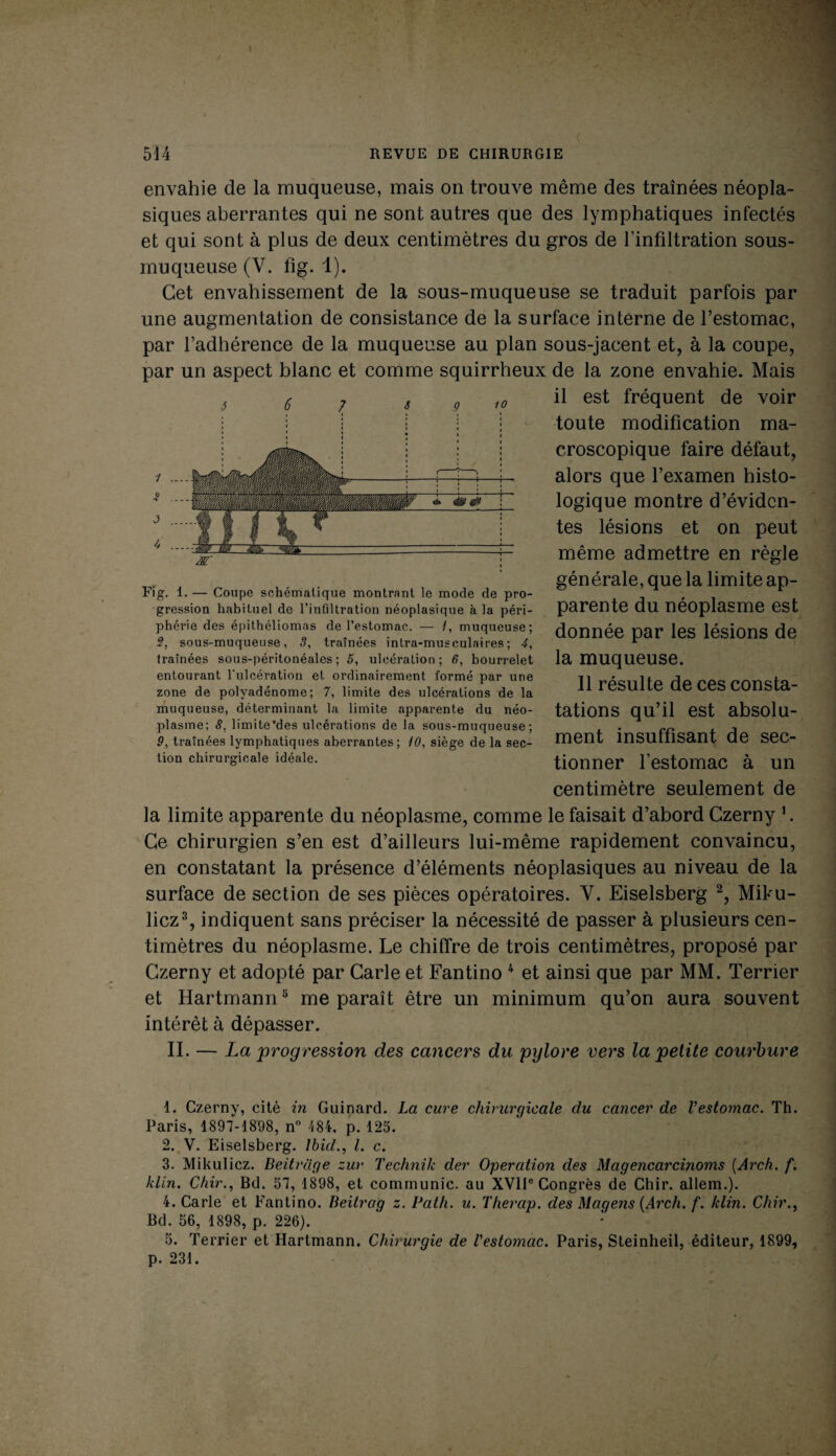 envahie de la muqueuse, mais on trouve même des traînées néopla¬ siques aberrantes qui ne sont autres que des lymphatiques infectés et qui sont à plus de deux centimètres du gros de l’infiltration sous- muqueuse (Y. fig. 1). Cet envahissement de la sous-muqueuse se traduit parfois par une augmentation de consistance de la surface interne de l’estomac, par l’adhérence de la muqueuse au plan sous-jacent et, à la coupe, par un aspect blanc et comme squirrheux de la zone envahie. Mais il est fréquent de voir toute modification ma¬ croscopique faire défaut, alors que l’examen histo¬ logique montre d’éviden¬ tes lésions et on peut même admettre en règle générale, que la limite ap¬ parente du néoplasme est donnée par les lésions de la muqueuse. Il résulte de ces consta¬ tations qu’il est absolu¬ ment insuffisant de sec¬ tionner l’estomac à un centimètre seulement de la limite apparente du néoplasme, comme le faisait d’abord Czerny ’. Ce chirurgien s’en est d’ailleurs lui-même rapidement convaincu, en constatant la présence d’éléments néoplasiques au niveau de la surface de section de ses pièces opératoires. V. Eiselsberg 1 2, Mifu- licz3, indiquent sans préciser la nécessité de passer à plusieurs cen¬ timètres du néoplasme. Le chiffre de trois centimètres, proposé par Czerny et adopté par Carie et Fantino 4 et ainsi que par MM. Terrier et Hartmann5 me paraît être un minimum qu’on aura souvent intérêt à dépasser. II. — La progression des cancers du pylore vers la petite courbure 1. Czerny, cité in Gui nard. La cure chirurgicale du cancer de l'estomac. Th. Paris, 1897-1898, n° 184, p. 125. 2. V. Eiselsberg. Ibid., I. c. 3. Mikulicz. Beitrage zur Technik der Operation des Magencarcinoms (Arch. f. klin. Chir., Bd. 57, 1898, et communie, au XVIIe Congrès de Chir. allem.). 4. Carie et Fantino. Beitrag z. Path. u. Therap. des Magens (Arch. f. klin. Chir., Bd. 56, 1898, p. 226). 5. Terrier et Hartmann. Chirurgie de l'estomac. Paris, Steinheil, éditeur, 1899, p. 231. Fig. 1. — Coupe schématique montrant le mode de pro¬ gression habituel de l’infiltration néoplasique à la péri¬ phérie des épithéliomas de l’estomac. — /, muqueuse; S, sous-muqueuse, 3, traînées intra-musculaires ; 4, traînées sous-péritonéales; 5, ulcération; 6, bourrelet entourant l’ulcération et ordinairement formé par une zone de polvadénome; 7, limite des ulcérations de la muqueuse, déterminant la limite apparente du néo¬ plasme; 8. limite'des ulcérations de la sous-muqueuse; 9, traînées lymphatiques aberrantes; 10, siège de la sec¬ tion chirurgicale idéale.