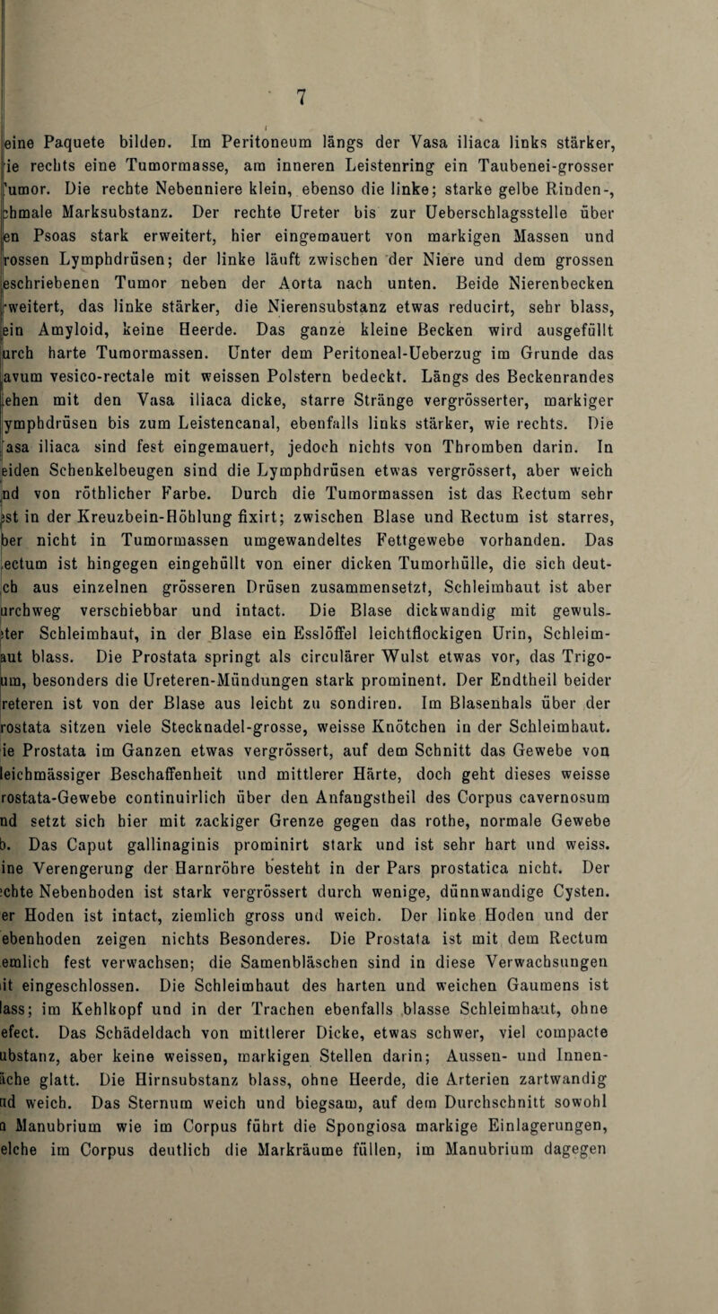 eine Paquete bilden. Im Peritoneum längs der Vasa iliaca links stärker, de rechts eine Tnmormasse, am inneren Leistenring ein Taubenei-grosser ’umor. Die rechte Nebenniere klein, ebenso die linke; starke gelbe Rinden-, ;hmale Marksubstanz. Der rechte Ureter bis zur Ueberschlagsstelle über en Psoas stark erweitert, hier eingemauert von markigen Massen und rossen Lymphdrüsen; der linke läuft zwischen der Niere und dem grossen eschriebenen Tumor neben der Aorta nach unten. Beide Nierenbecken •weitert, das linke stärker, die Nierensubstanz etwas reducirt, sehr blass, ein Amyloid, keine Heerde. Das ganze kleine Becken wird ausgefüllt urch harte Turaormassen. Unter dem Peritoneal-Ueberzug im Grunde das avum vesico-rectale mit weissen Polstern bedeckt. Längs des Beckenrandes .ehen mit den Vasa iliaca dicke, starre Stränge vergrösserter, markiger ymphdrüsen bis zum Leistencanal, ebenfalls links stärker, wie rechts. Die asa iliaca sind fest eingemauert, jedoch nichts von Thromben darin. In eiden Schenkelbeugen sind die Lymphdrüsen etwas vergrössert, aber weich nd von rothlicher Farbe. Durch die Tumormassen ist das Rectum sehr pst in der Kreuzbein-Höhlung fixirt; zwischen Blase und Rectum ist starres, ber nicht in Tumormassen umgewandeltes Fettgewebe vorhanden. Das ectum ist hingegen eingehüllt von einer dicken Tumorhülle, die sich deut¬ et) aus einzelnen grösseren Drüsen zusammensetzt, Schleimhaut ist aber □rchweg verschiebbar und intact. Die Blase dickwandig mit gewuls- ;ter Schleimhaut, in der Blase ein Esslötfel leichtflockigen Urin, Schleim¬ aut blass. Die Prostata springt als circulärer Wulst etwas vor, das Trigo- uin, besonders die Ureteren-Mündungen stark prominent. Der Endtheil beider reteren ist von der Blase aus leicht zu sondiren. Im Blasenhals über der rostata sitzen viele Stecknadel-grosse, weisse Knötchen in der Schleimhaut, ie Prostata im Ganzen etwas vergrössert, auf dem Schnitt das Gewebe von leichmässiger Beschaffenheit und mittlerer Härte, doch geht dieses weisse rostata-Gewebe continuirlich über den Anfangstheil des Corpus cavernosum nd setzt sich hier mit zackiger Grenze gegen das rothe, normale Gewebe b. Das Caput gallinaginis prominirt stark und ist sehr hart und weiss. ine Verengerung der Harnröhre besteht in der Pars prostatica nicht. Der ichte Nebenhoden ist stark vergrössert durch wenige, dünnwandige Cysten, er Hoden ist intact, ziemlich gross und weich. Der linke Hoden und der ebenhoden zeigen nichts Besonderes. Die Prostata ist mit dem Rectum emlich fest verwachsen; die Samenbläschen sind in diese Verwachsungen it eingeschlossen. Die Schleimhaut des harten und weichen Gaumens ist lass; im Kehlkopf und in der Trachen ebenfalls blasse Schleimhaut, ohne efect. Das Schädeldach von mittlerer Dicke, etwas schwer, viel compacte ubstanz, aber keine weissen, markigen Stellen darin; Aussen- und Innen- iiche glatt. Die Hirnsubstanz blass, ohne Heerde, die Arterien zartwandig ad weich. Das Sternum weich und biegsam, auf dem Durchschnitt sowohl q Manubrium wie im Corpus führt die Spongiosa markige Einlagerungen, eiche im Corpus deutlich die Markräume füllen, im Manubrium dagegen